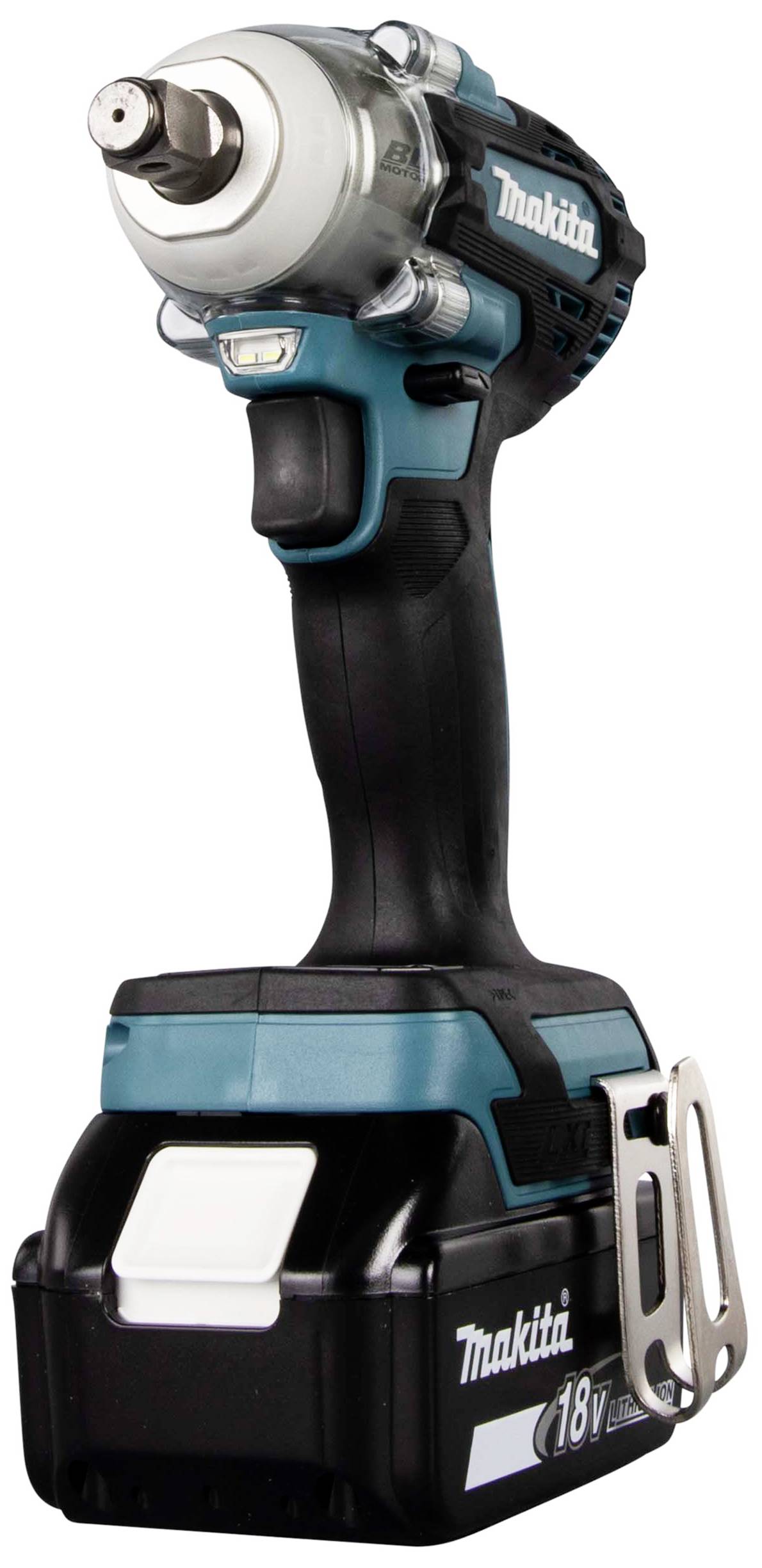 Visseuse à chocs électrique Makita, noire avec des touches bleues, présentée en vue latérale. Batterie de 18V.