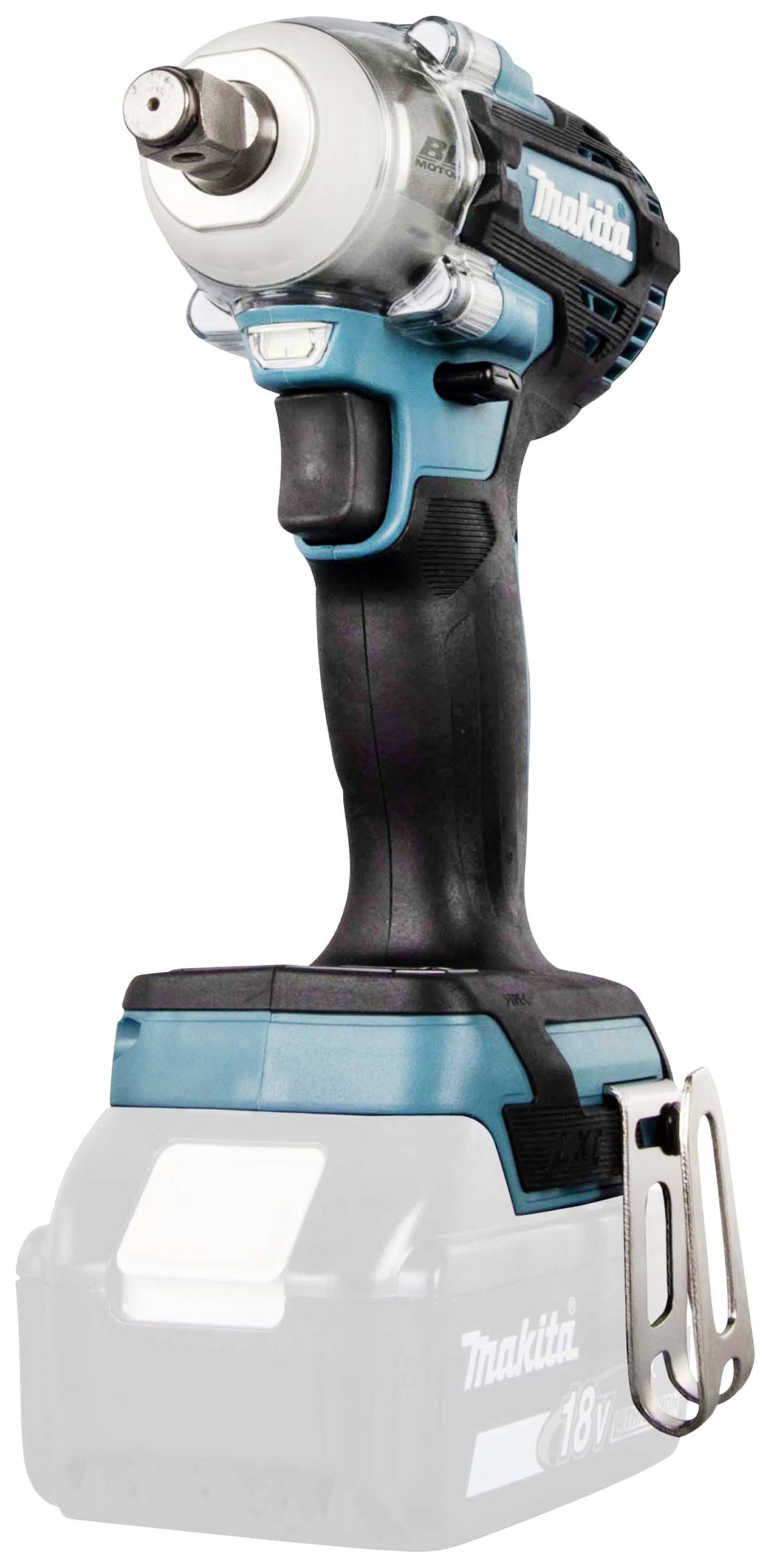 Visseuse à choc avec boîtier bleu et noir, tête argentée et un support pour batterie 18V non installée.