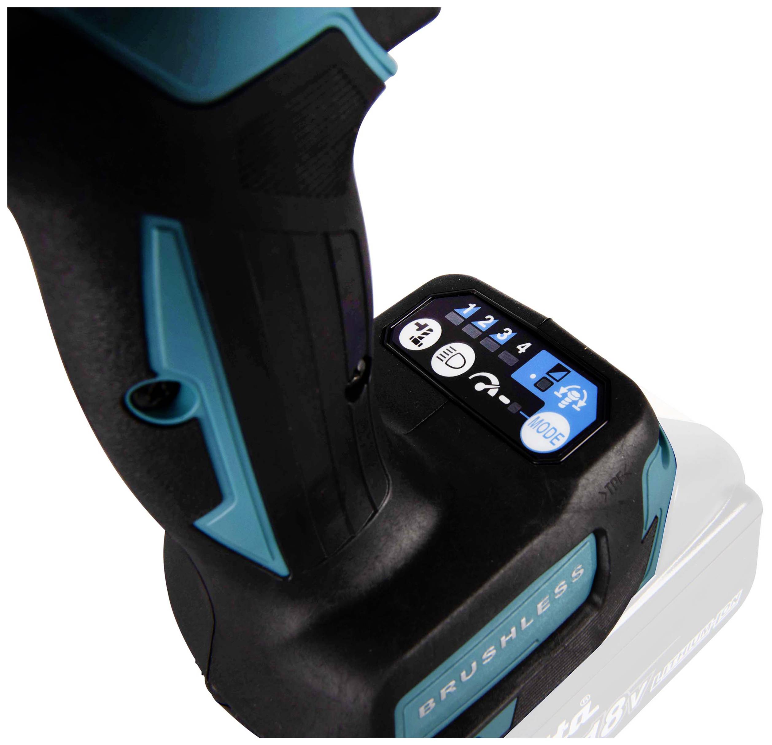 Une poignée d'outil électrique noir et bleu avec des commandes et des voyants lumineux pour différents réglages et l'état de la batterie.