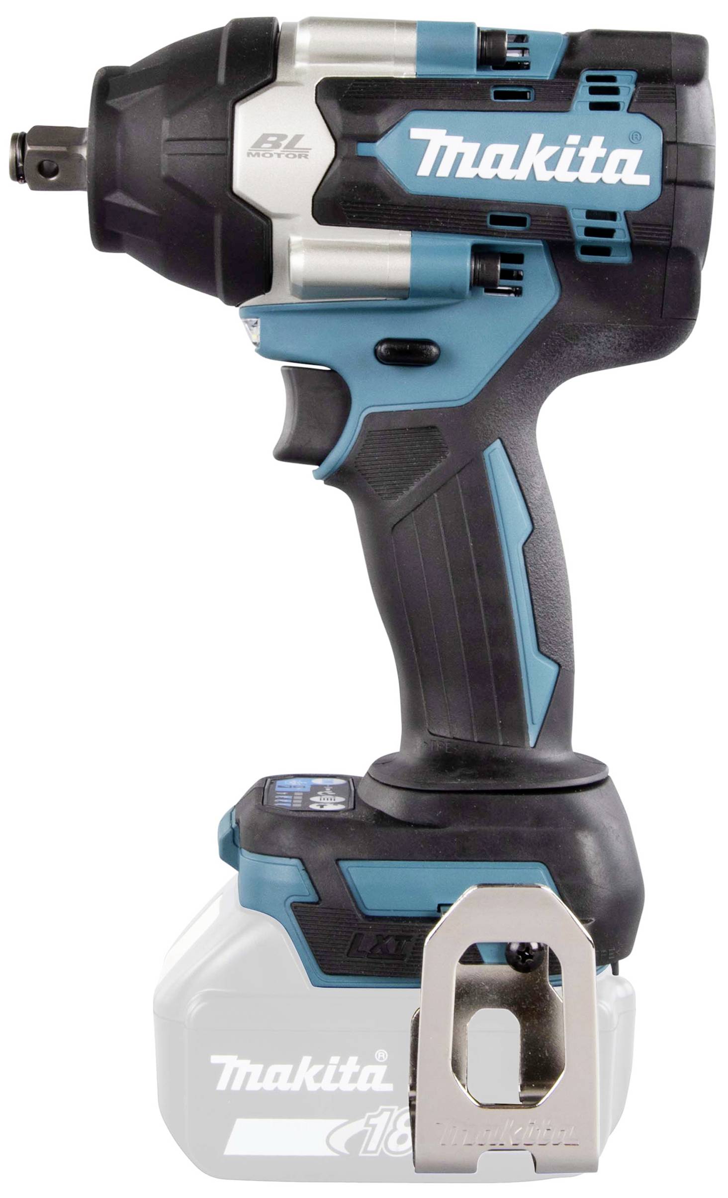 Un tournevis à chocs compact, bleu et sans fil, à côté d'un logo Makita. Batterie fixée en bas. Idéal pour les travaux professionnels.