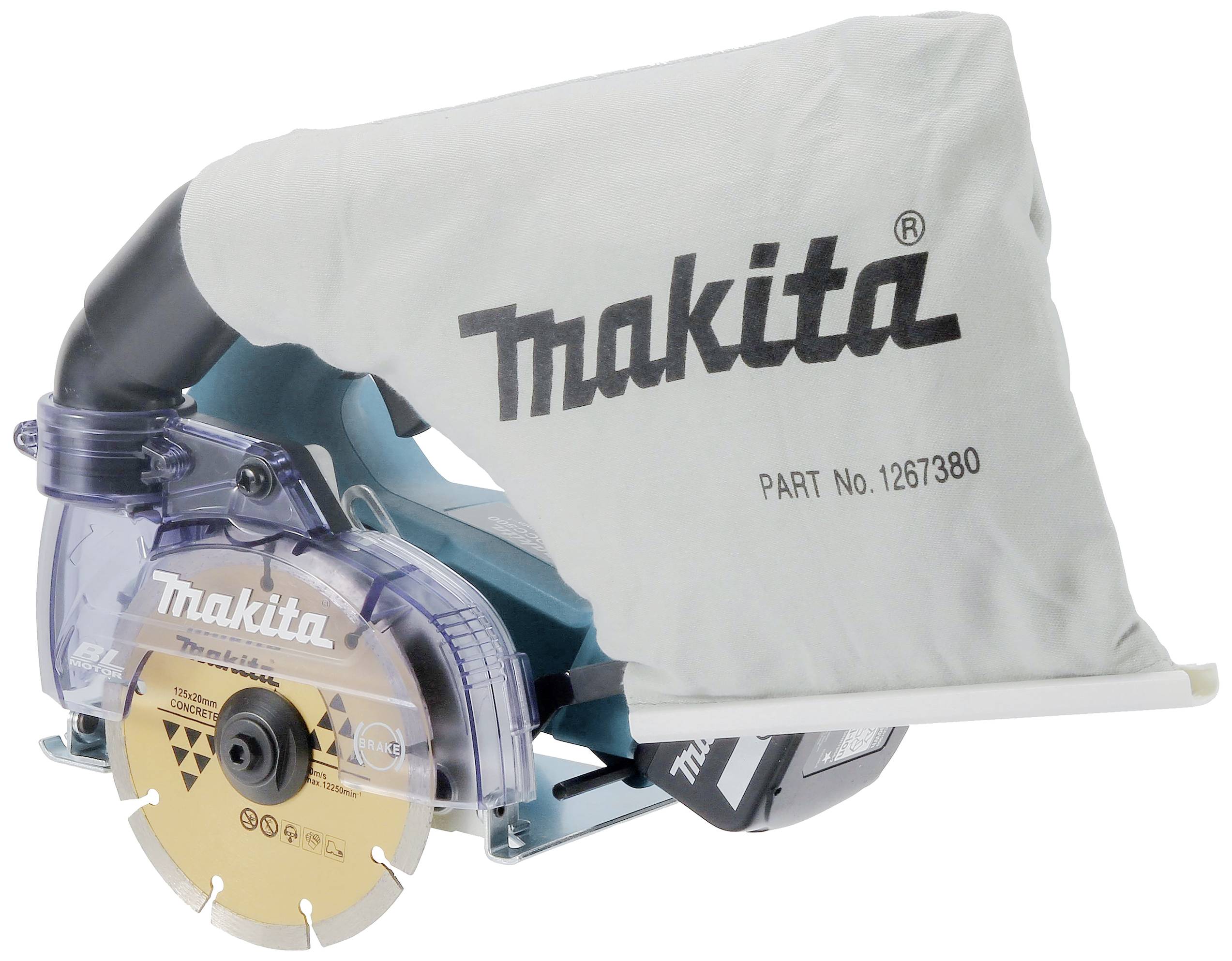 Scie circulaire manuelle électrique Makita, modèle avec sac de collecte de poussière, adaptée pour couper le bois avec précision.