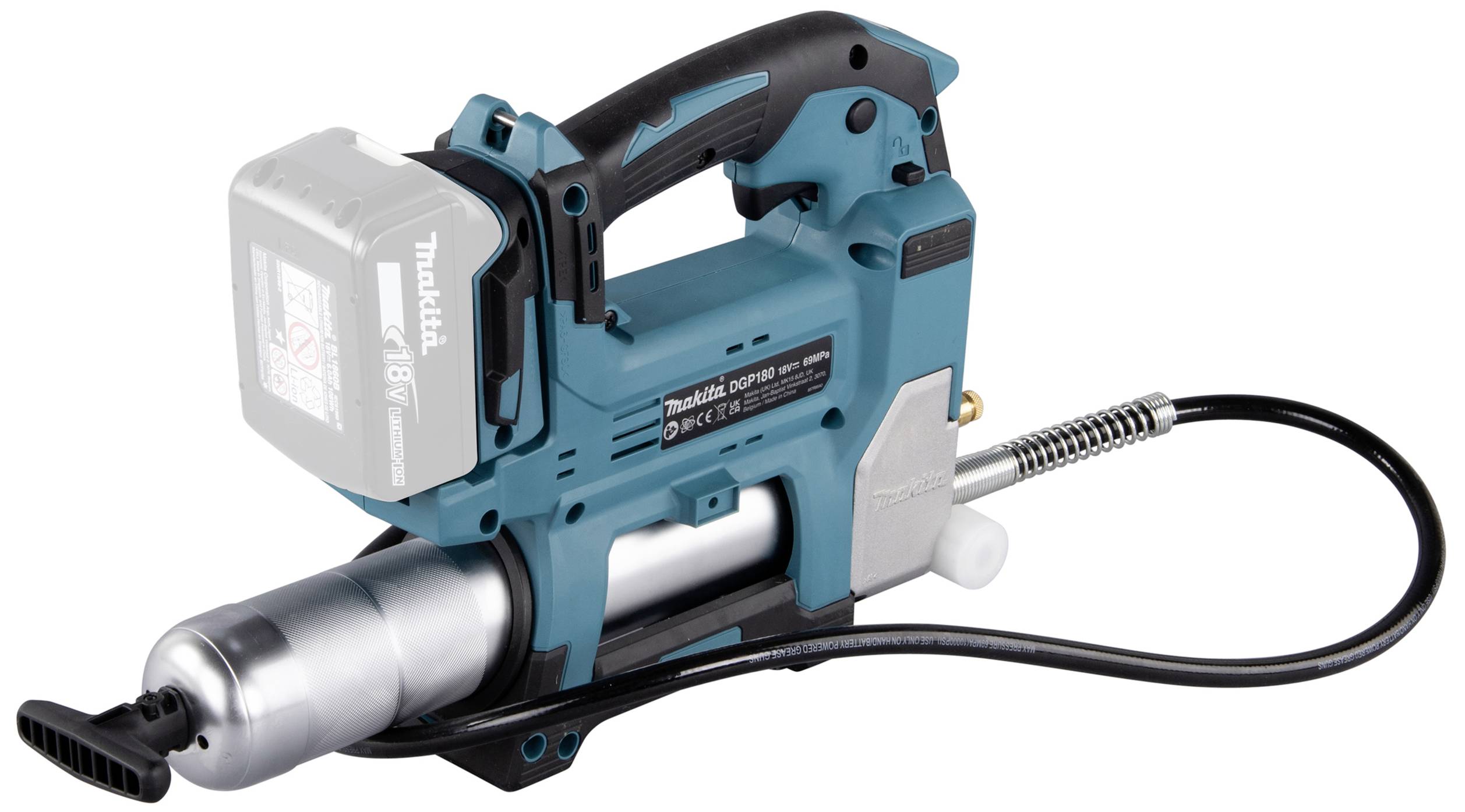 Un pistolet à graisse électrique turquoise, alimenté par batterie, avec une poignée noire et une batterie amovible, posé sur un fond blanc.