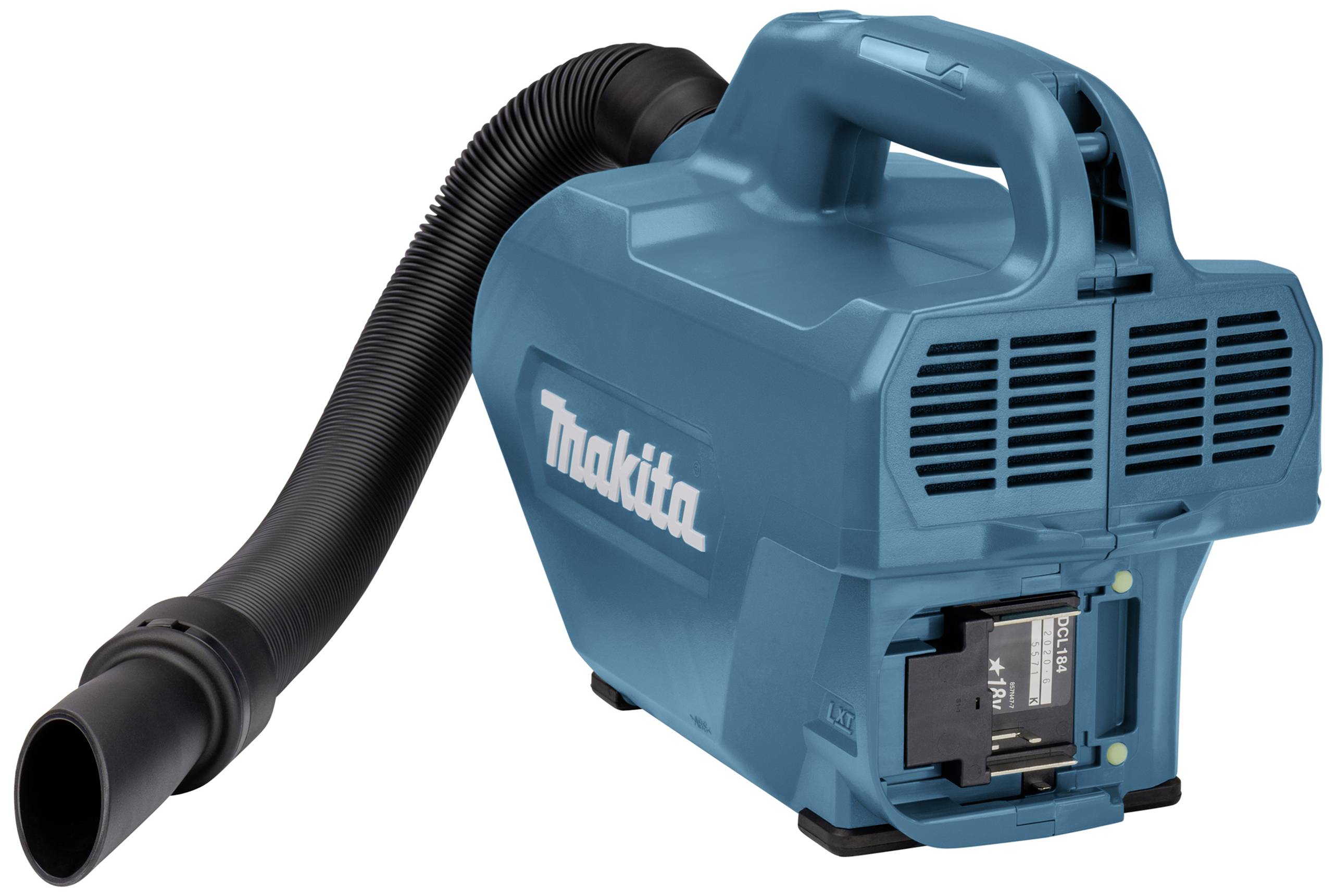 Aspirateur portable bleu avec tuyau flexible, adapté à diverses applications de nettoyage.