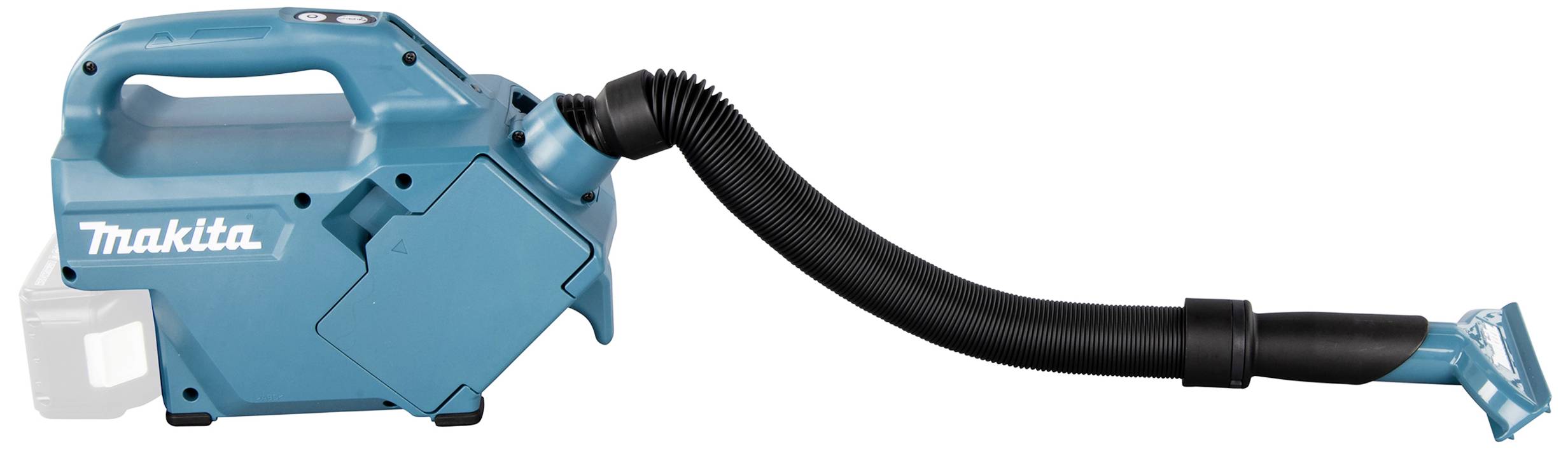 Un aspirateur portable bleu avec un tuyau flexible, adapté pour nettoyer des espaces étroits ou difficilement accessibles.