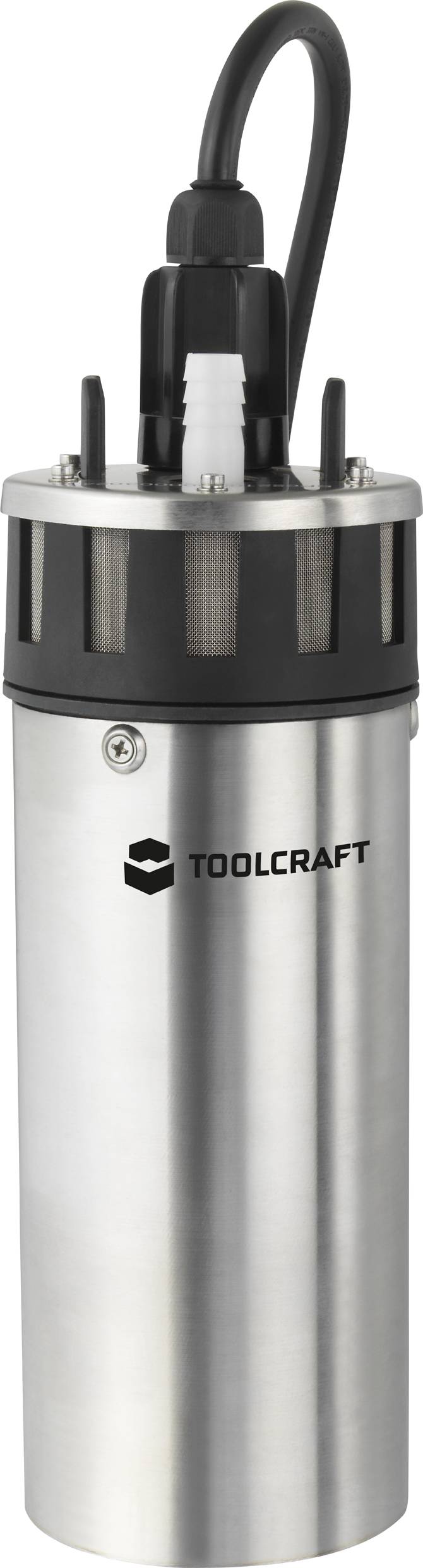 Pompe de plongée en acier inoxydable avec couvercle en plastique noir portant l'impression de la marque 'Toolcraft'.