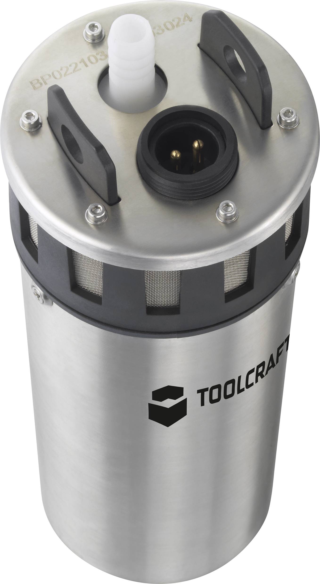 Machine cylindrique argentée avec deux poignées noires et un raccordement blanc sur le dessus, portant la marque 'TOOLCRAFT'.