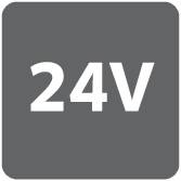'24V' en écriture noire sur fond gris, symbolisant une tension électrique de 24 volts.