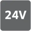 '24V' en écriture noire sur fond gris, symbolisant une tension électrique de 24 volts.