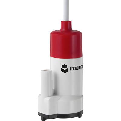 Sur l'image se trouve une pompe de puisage blanche et rouge de Toolcraft. Elle est équipée d'un tuyau d'alimentation et convient aux applications impliquant de l'eau.