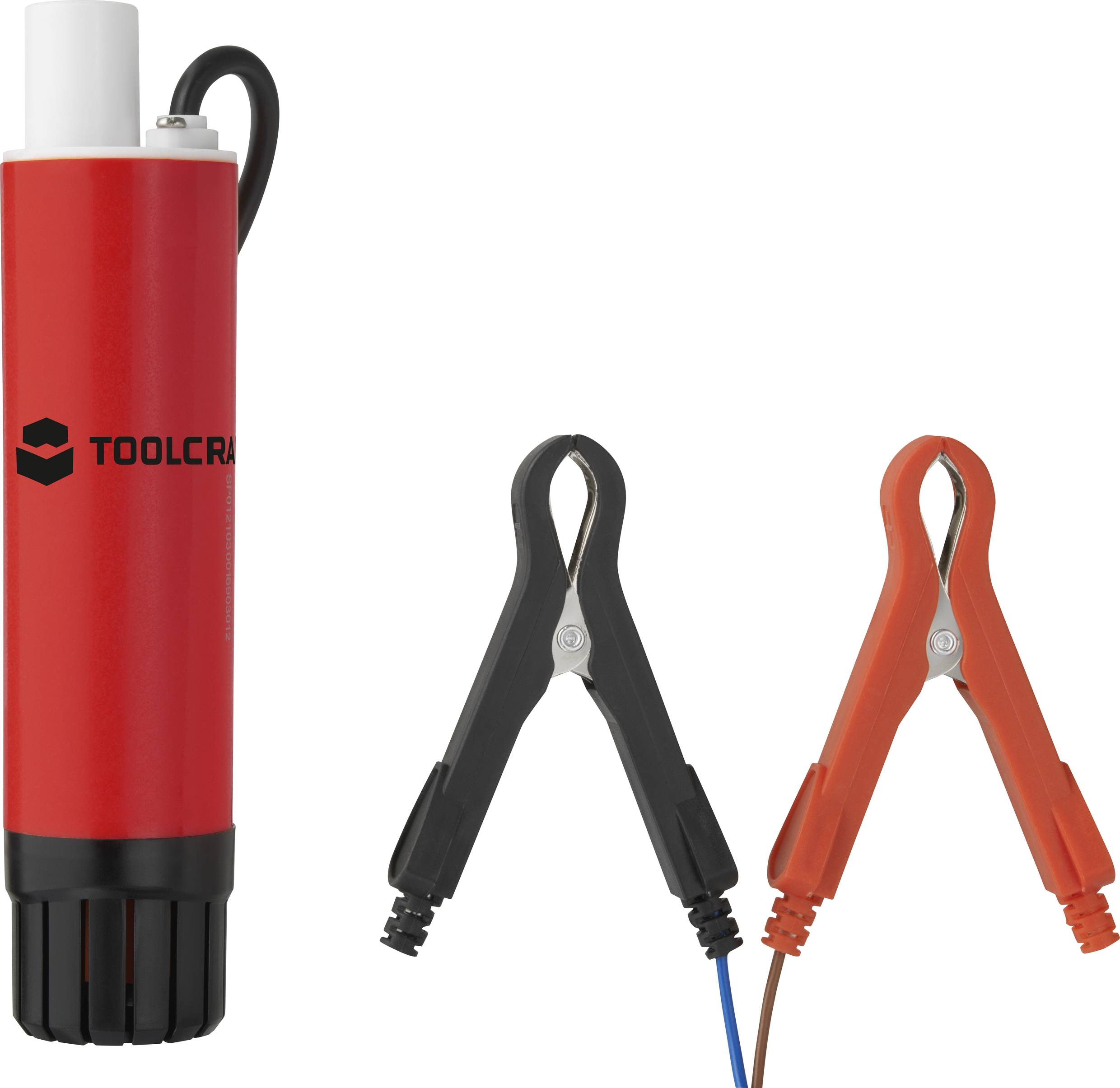 Pompe électrique rouge avec deux pinces crocodile en noir et rouge, pouvant être utilisée pour démarrer ou faire fonctionner des appareils.