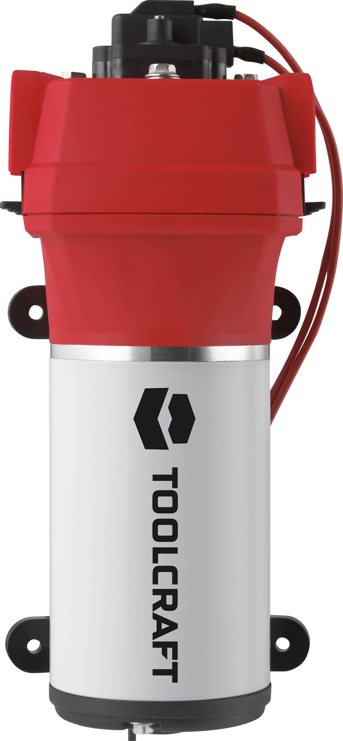 Un moteur argenté avec un boîtier rouge et un câble noir, portant l'inscription 'TOOLCRAFT'.