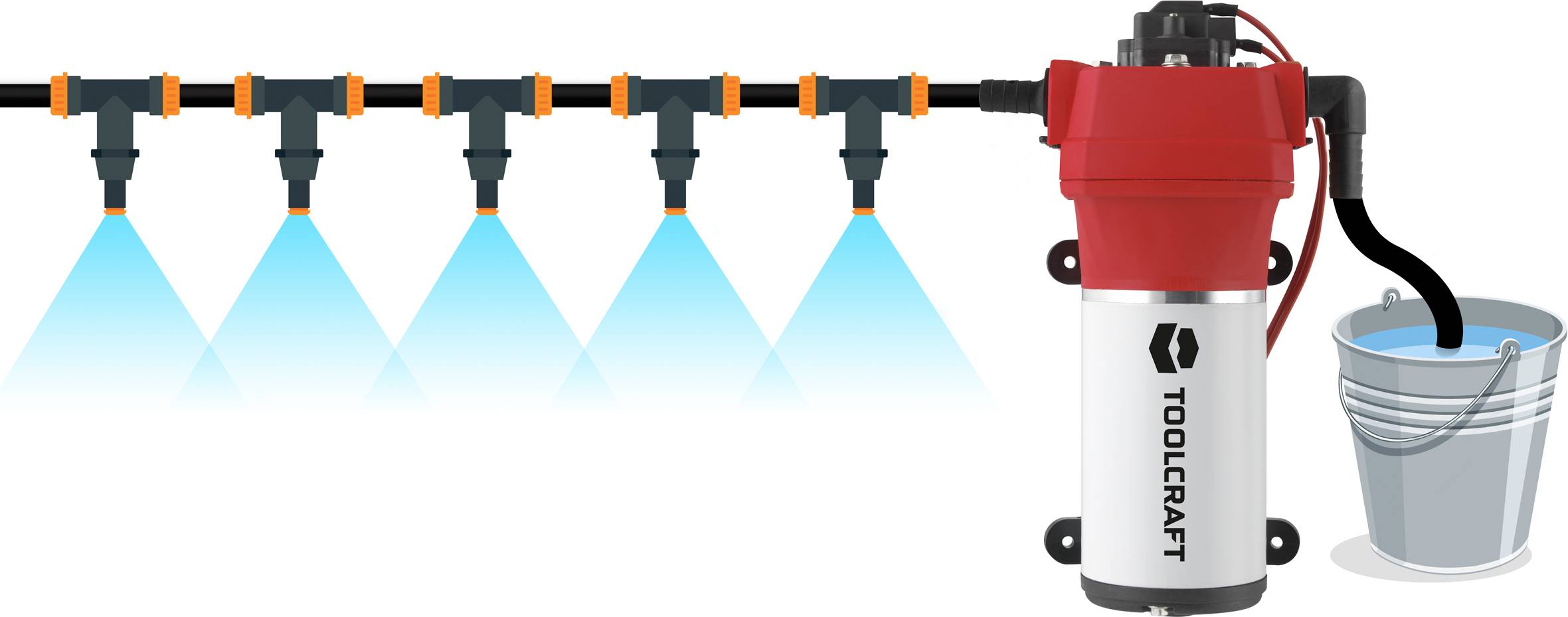 Système de pompage qui pulvérise l'eau d'un seau à travers des buses. Le composant principal est une pompe rouge portant le logo 'Toolcraft'.