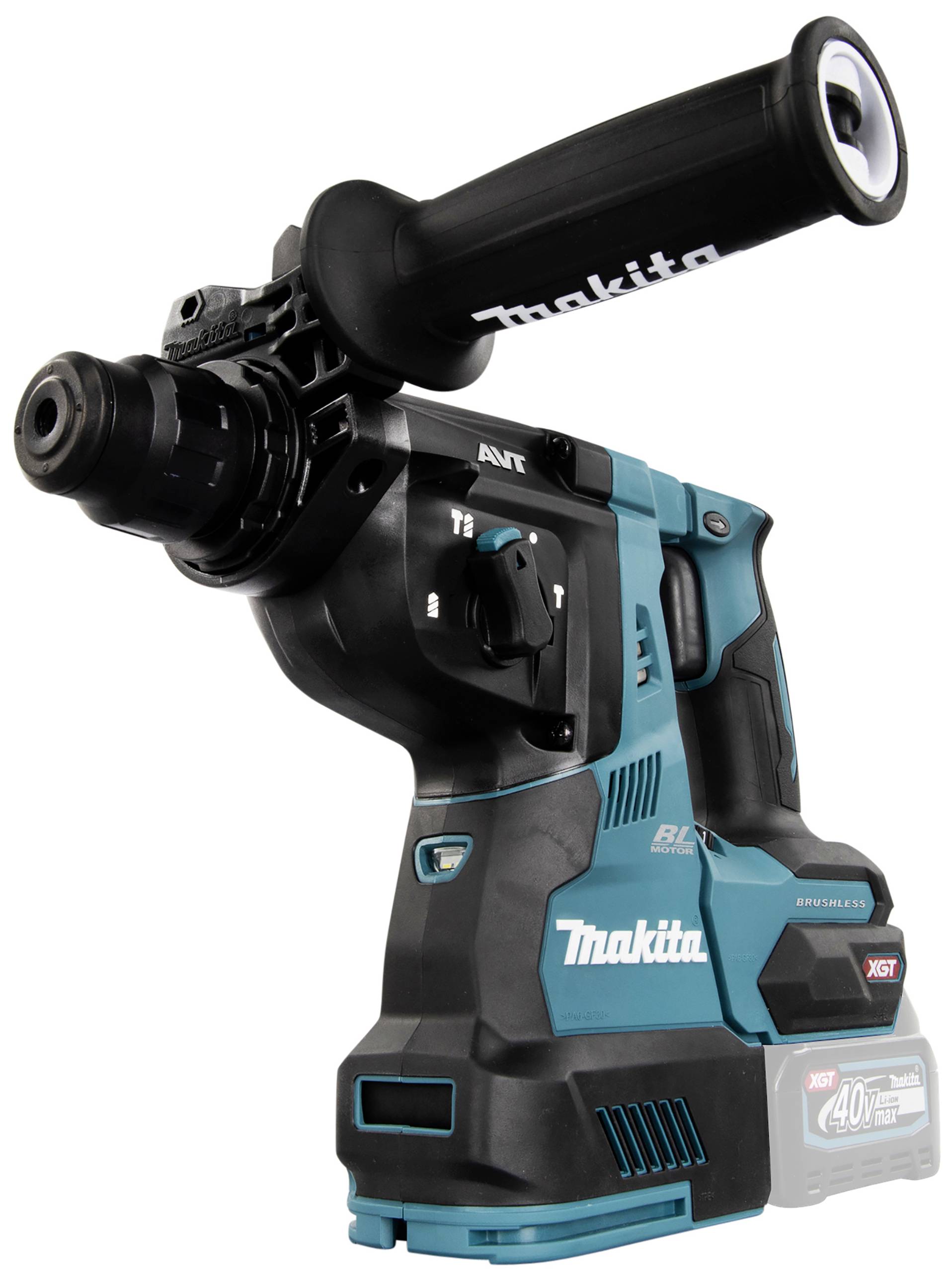 Un marteau-perforateur sans fil en bleu avec une poignée noire et des accessoires. Marque et modèle identifiables, adapté aux travaux de construction lourds.