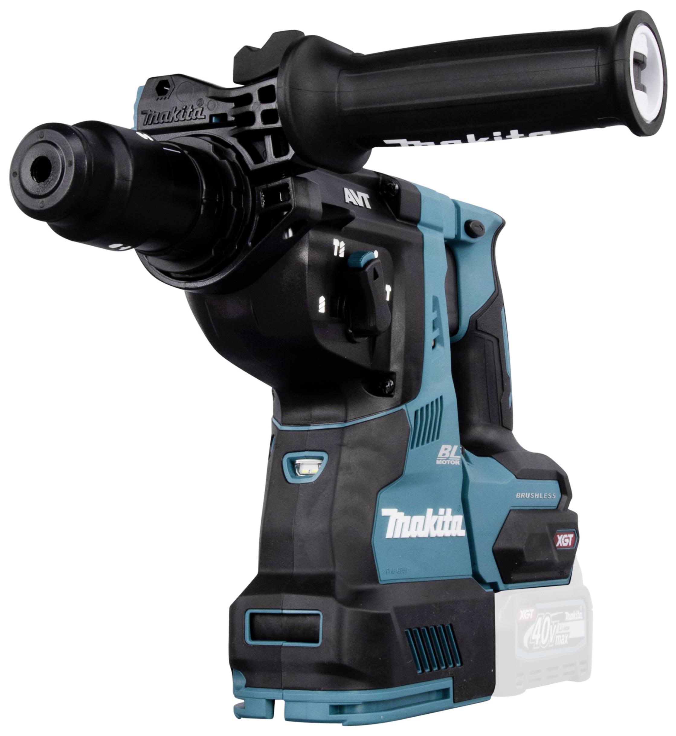 Un marteau perforateur bleu et noir. Il dispose d'une poignée ergonomique et est sans fil, adapté aux travaux de construction ou de rénovation.