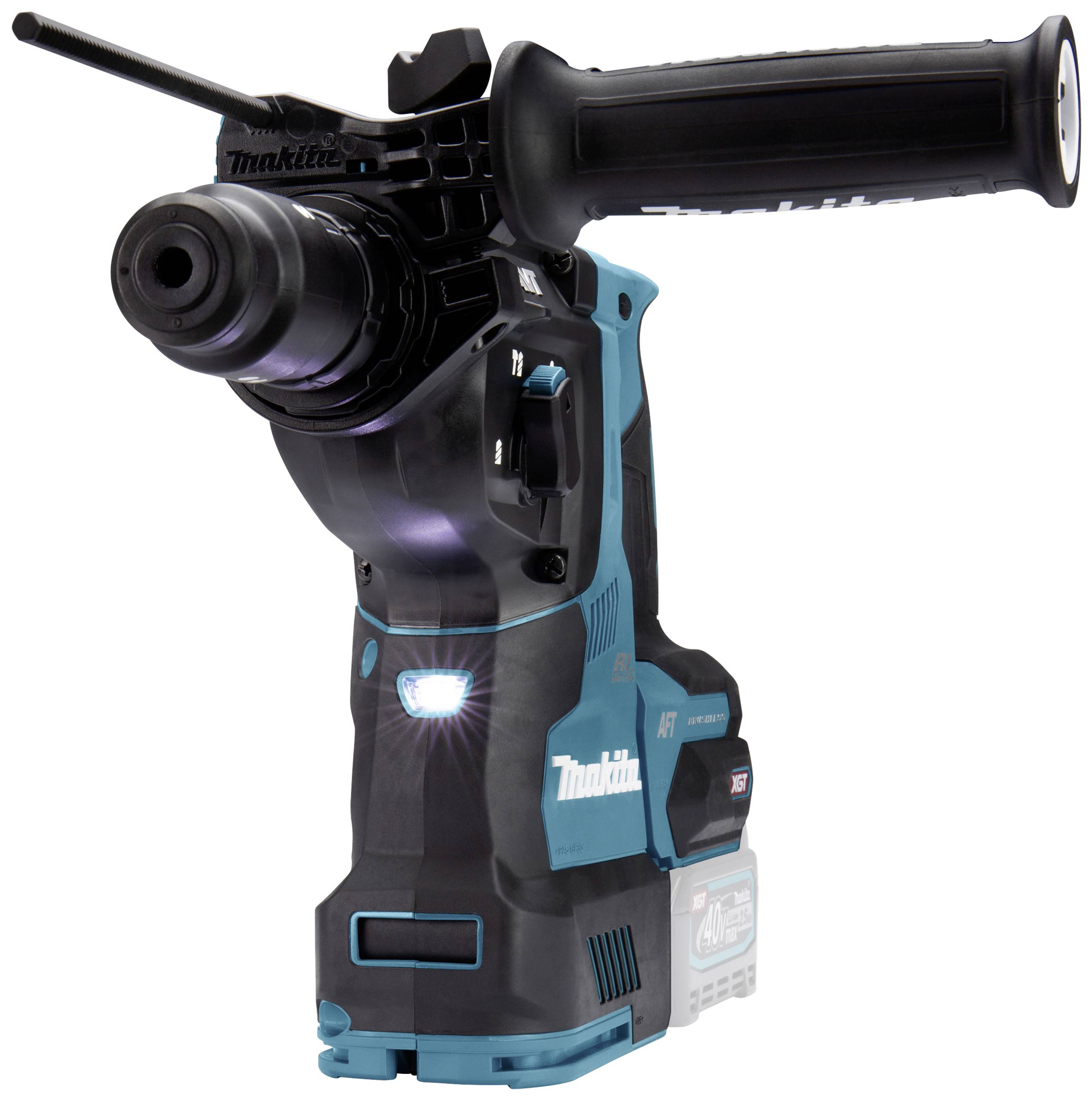 Un marteau perforateur sans fil bleu et noir avec une poignée ergonomique et un éclairage LED, adapté aux travaux de construction et de rénovation.