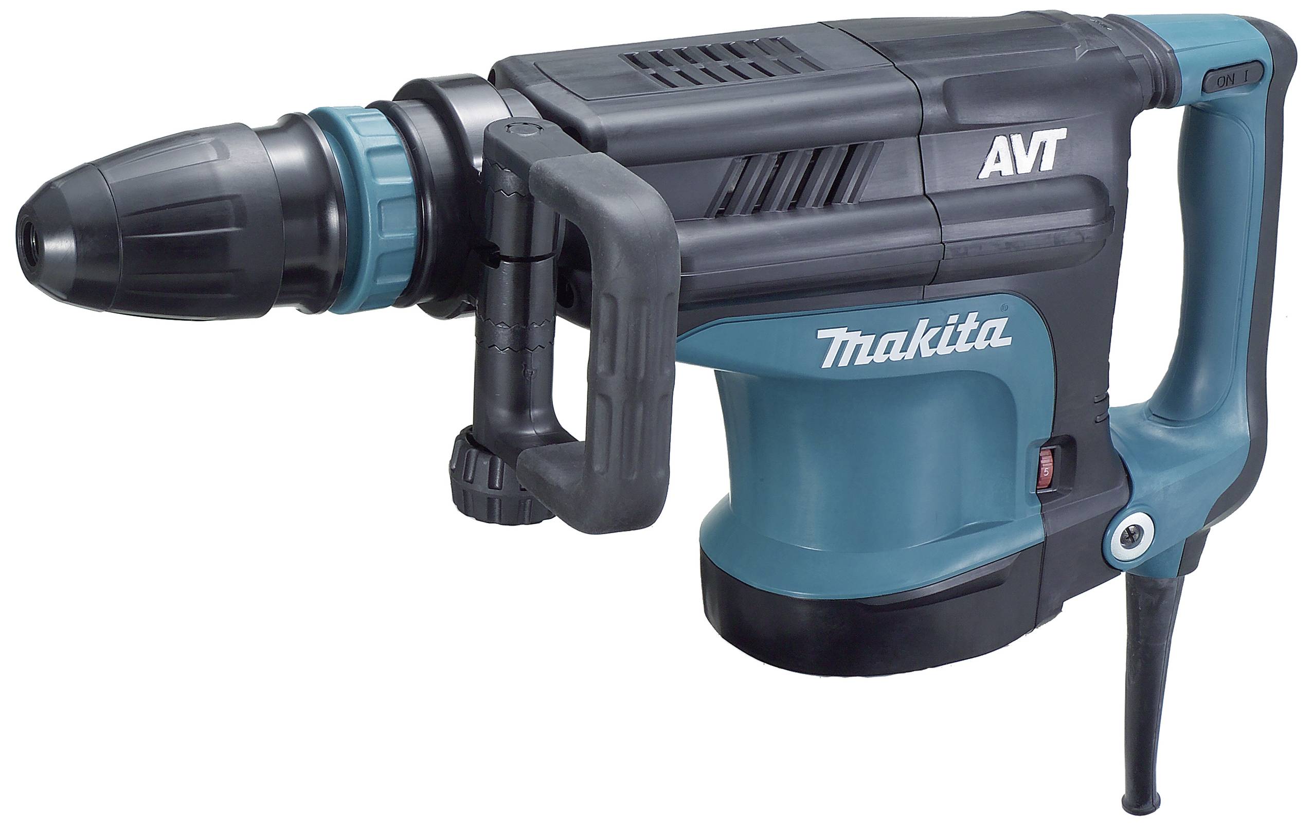 Un marteau-perforateur Makita en bleu et noir, représenté de côté.