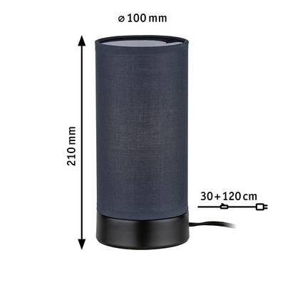 Lampe de table cylindrique avec socle noir et abat-jour en tissu bleu foncé. Hauteur 210 mm, diamètre 100 mm, câble 150 cm.