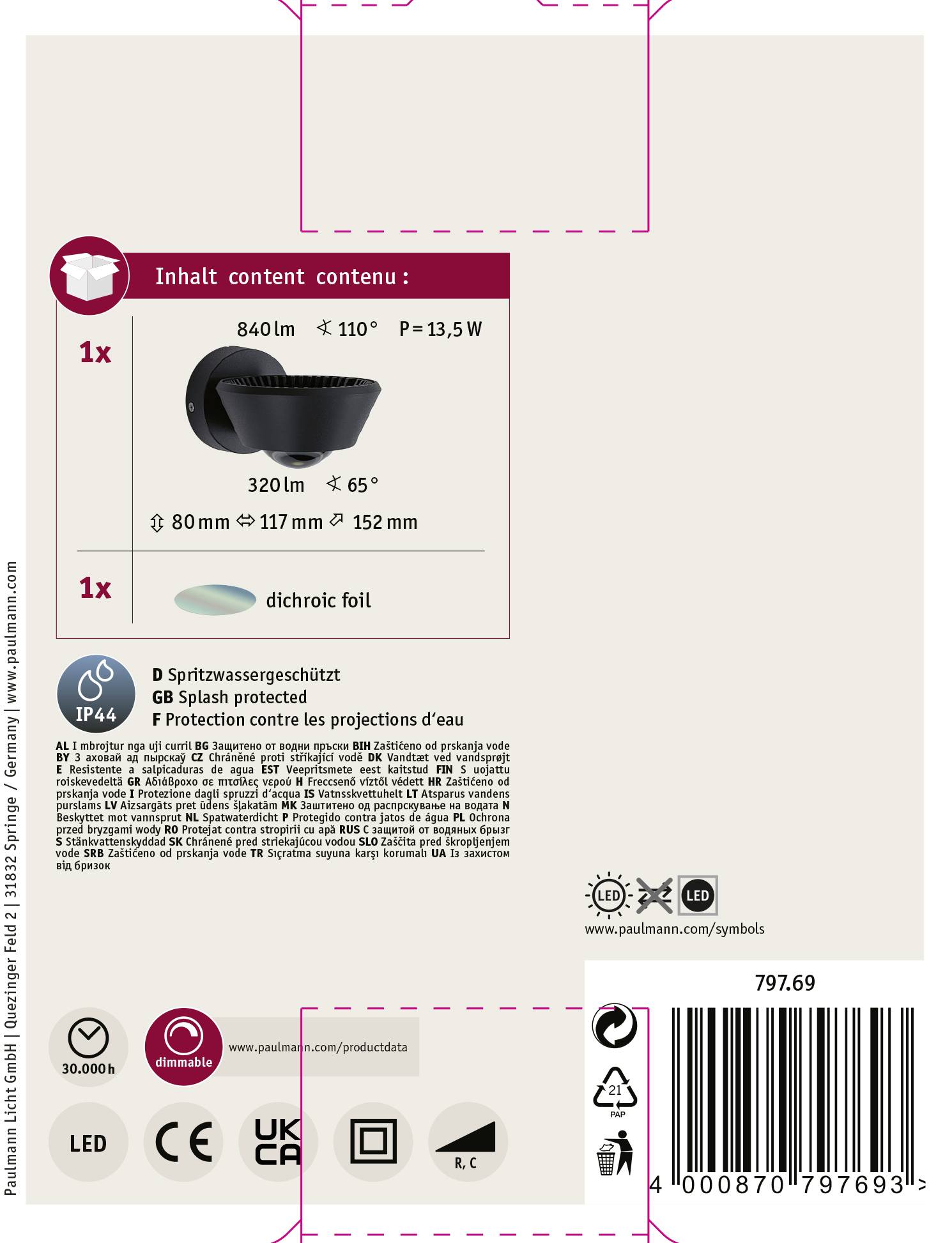 Emballage d'une lampe LED avec illustration du produit, caractéristiques techniques telles que l'angle de diffusion (110°), le flux lumineux (840 lm) et la consommation électrique (13,5 W). Protection IP44 indiquée.