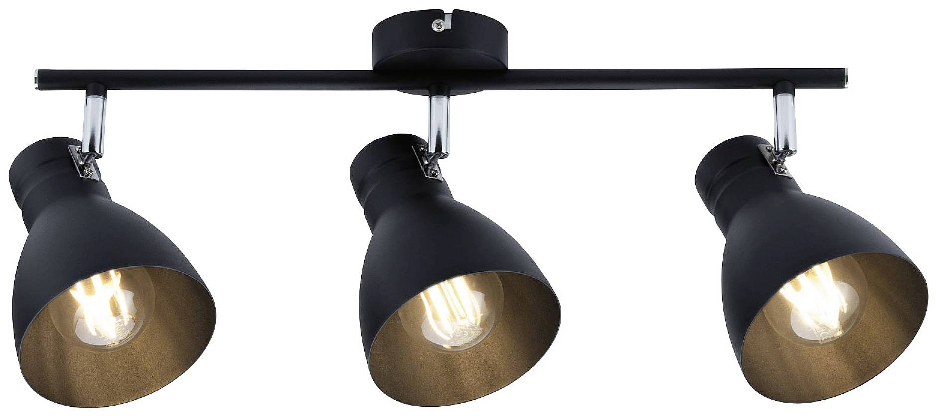 Plafonnier triple en noir avec spots orientables diffusant une lumière chaude et diffuse. Idéal pour les intérieurs modernes.