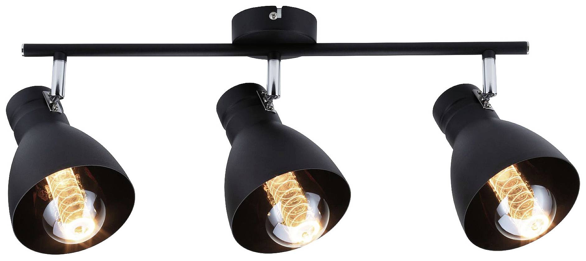 Un luminaire de plafond noir à trois flammes avec fils lumineux apparents. Idéal pour un éclairage moderne d'intérieur.