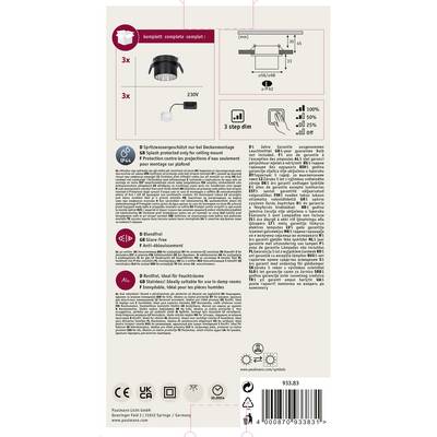Ensemble de 3 luminaires encastrables, 230V, variateur 3 niveaux, convenant à une utilisation intérieure. Comprend un manuel de montage et des informations de sécurité.