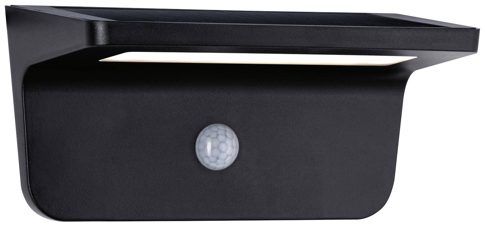 Luminaire extérieur noir moderne avec corps lumineux LED rectangulaire et capteur de mouvement intégré en bas au centre. Adapté pour une installation murale.