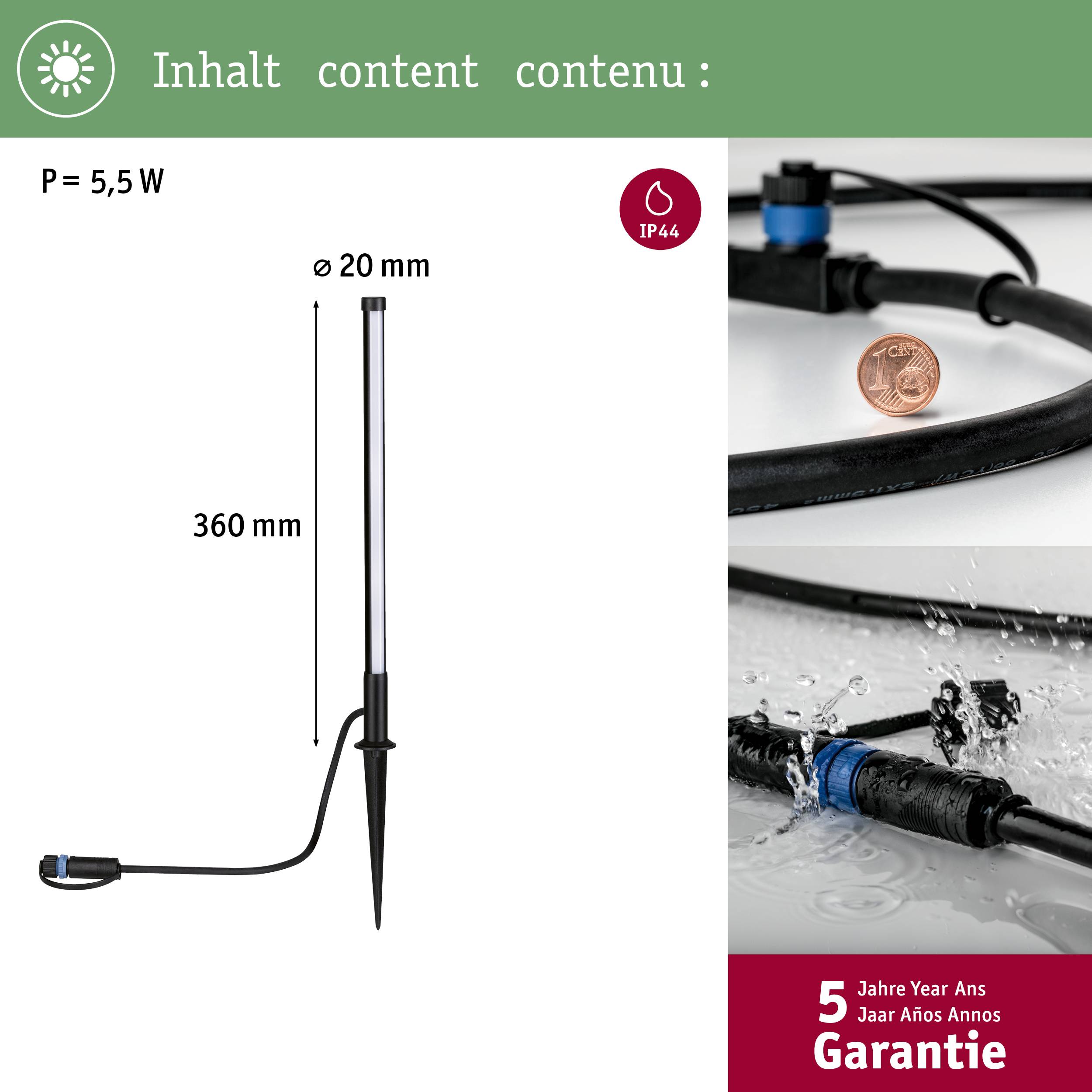 'Lampadaire avec piquet de terre, puissance de 5,5 W, hauteur de 360 mm, Ø 20 mm. Adapté pour les applications IP44. Garantie de 5 ans.'