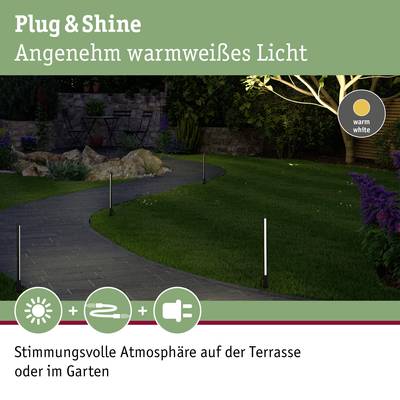 Une ambiance chaleureuse sur la terrasse ou dans le jardin grâce au système d'éclairage Plug & Shine, avec une lumière agréablement blanc chaud.