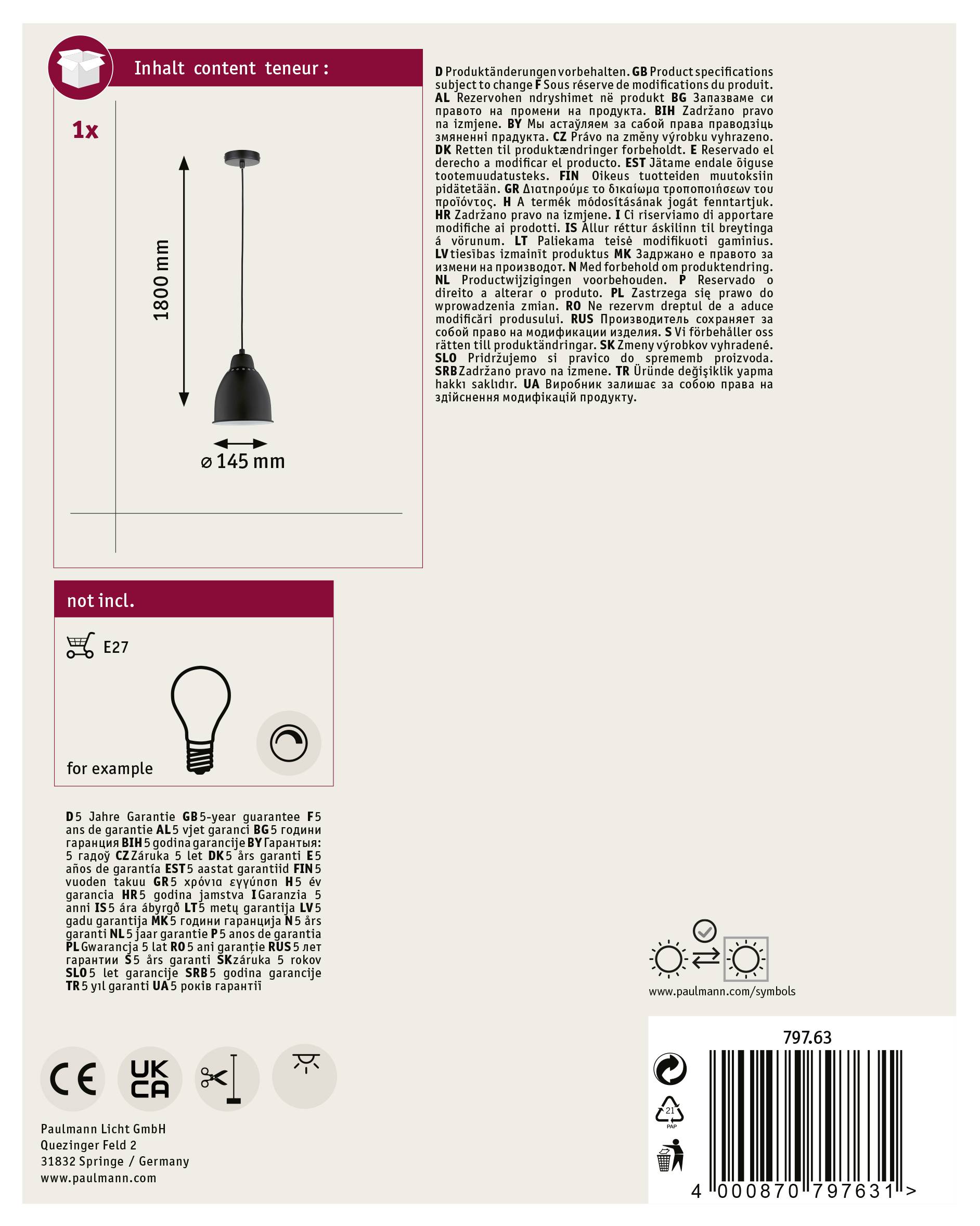 '1x Suspension pendulaire, hauteur 1800 mm, diamètre 145 mm. Non inclus : Ampoule E27. Garantie de 5 ans. Détails du produit listés.'