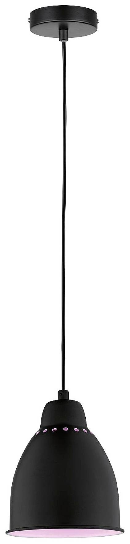 Une suspension noire avec des touches violettes et un long câble est suspendue au plafond.