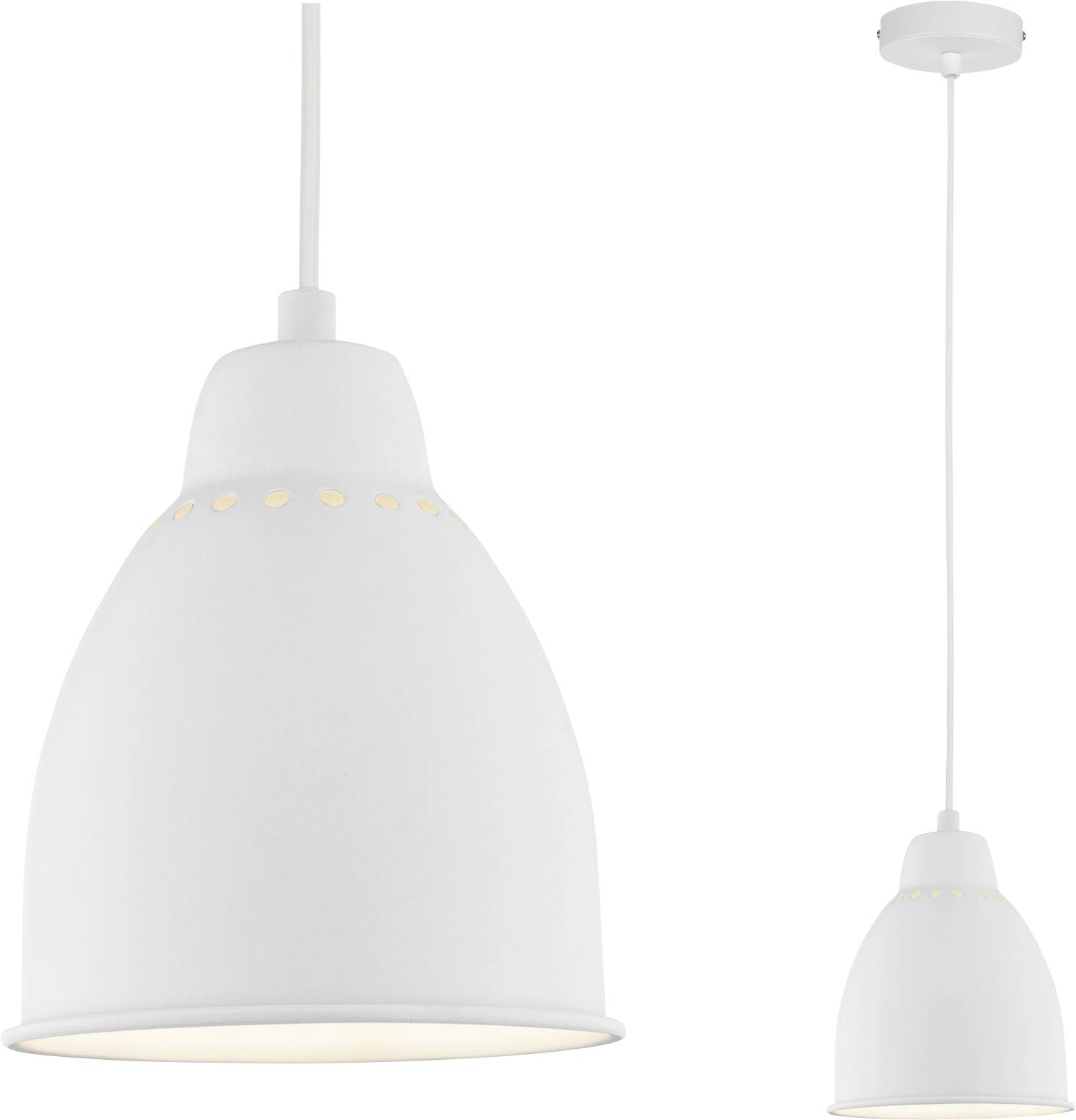 Suspension blanche avec un abat-jour lisse et conique, percé de trous décoratifs sur le bord supérieur, suspendue par un câble fin.