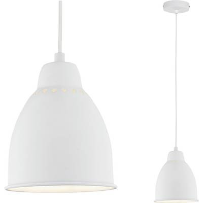 Suspension blanche avec un abat-jour lisse et conique, percé de trous décoratifs sur le bord supérieur, suspendue par un câble fin.