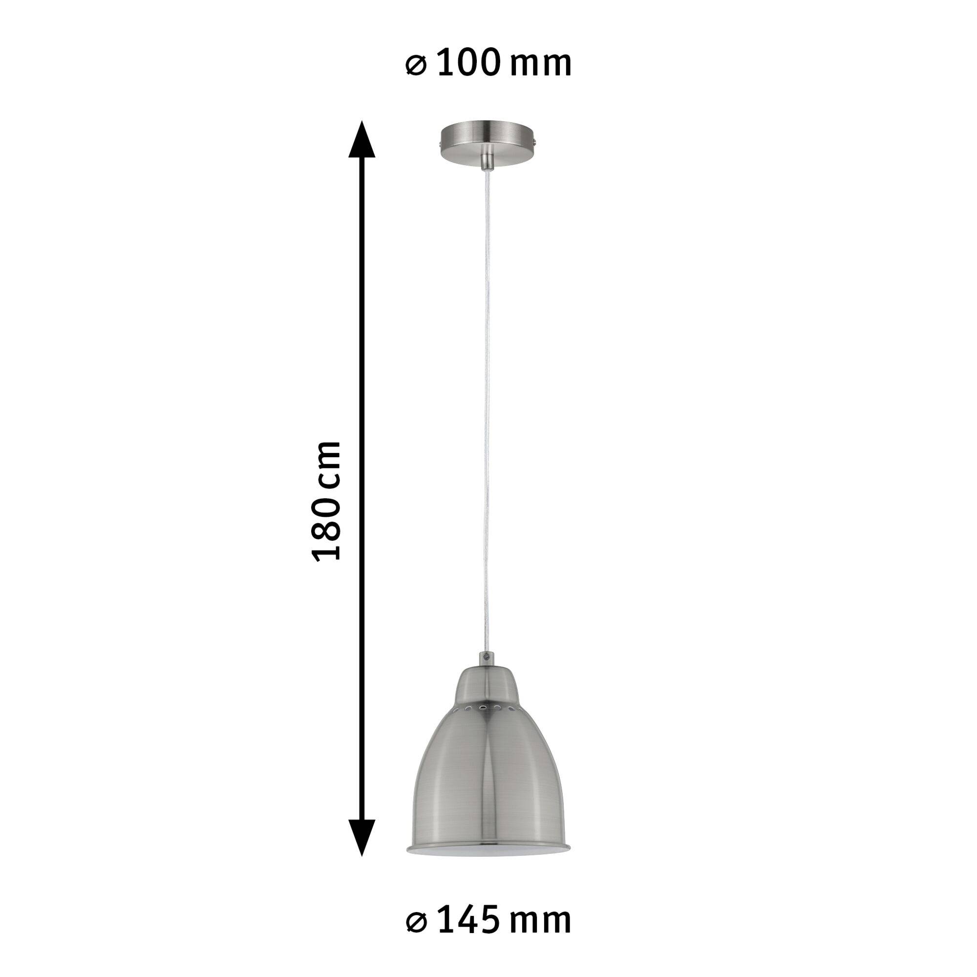 Lampe suspendue grise d'un diamètre de 145 mm et d'une longueur de câble de 180 cm. La fixation plafonnière a un diamètre de 100 mm.