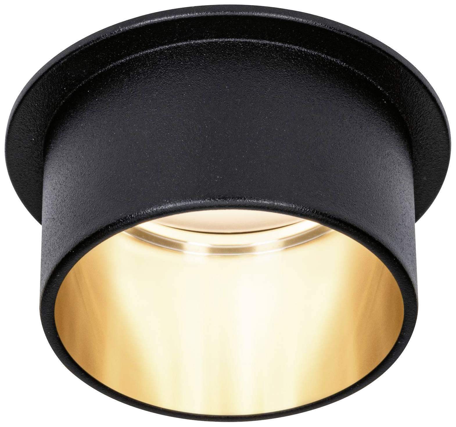 Luminaire de plafond cylindrique noir avec réflecteur intérieur doré, diffusant une lumière chaude vers le bas et s'intégrant de manière élégante dans les espaces contemporains.