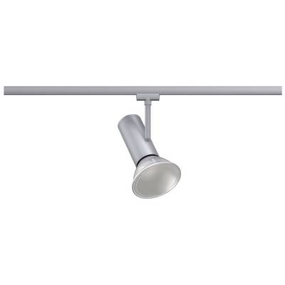 Spot en argent monté sur rail, adapté pour éclairer des espaces ou des objets.
