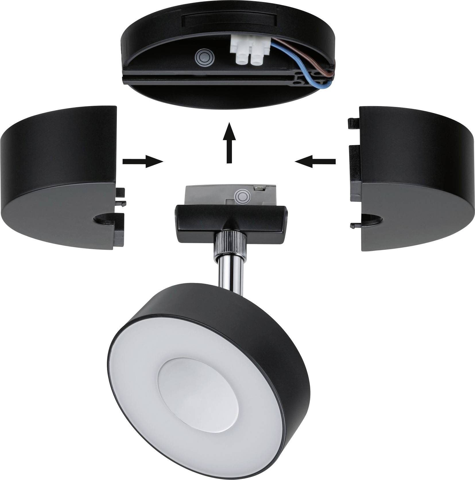 'Instructions de montage : Plafonnier rond avec boîtier amovible, indiquant la connexion électrique et les flèches d'alignement pour l'installation.'