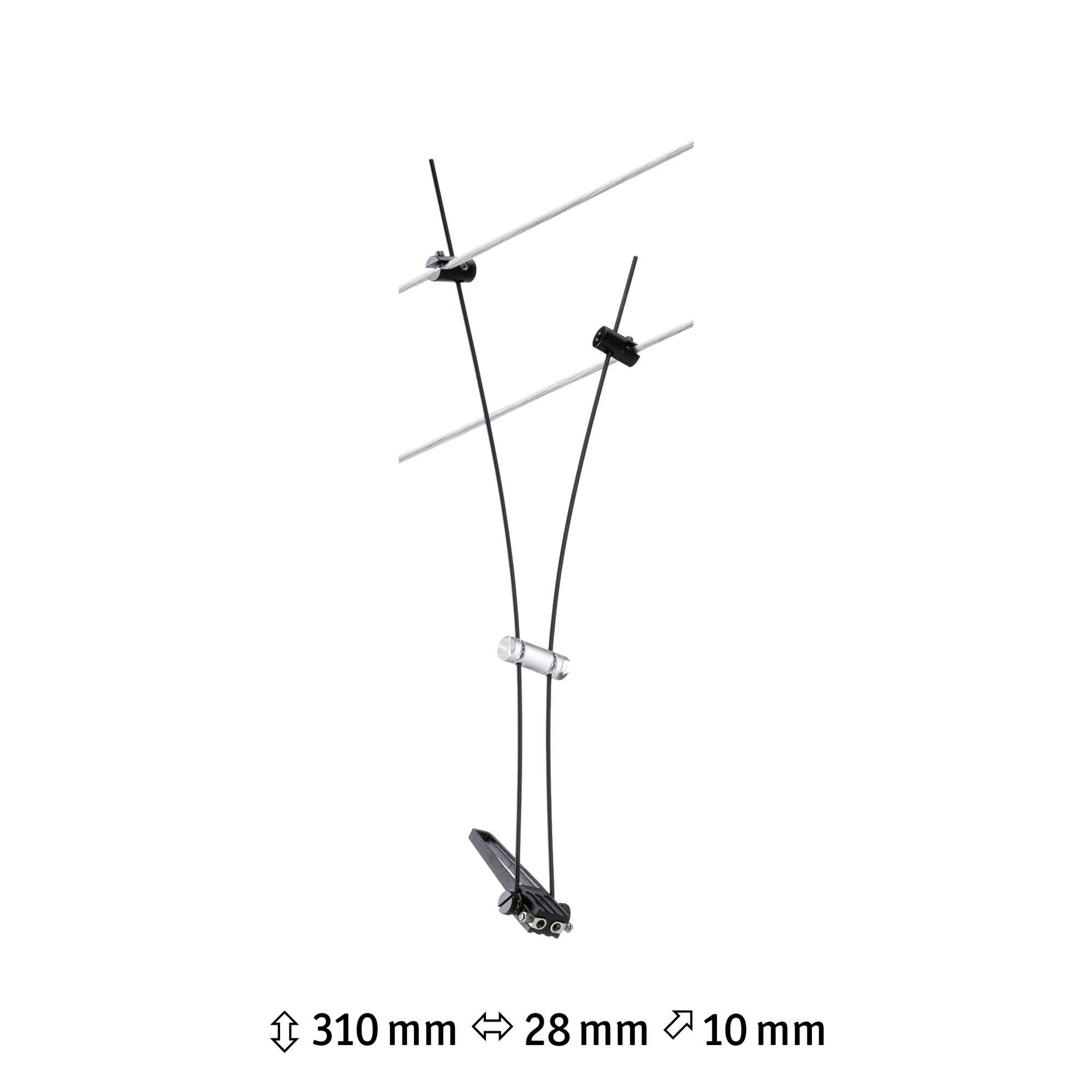 Deux câbles noirs en acier avec des clips fixés à une barre métallique blanche. Dimensions : hauteur 310 mm, largeur 28 mm, diamètre 10 mm.