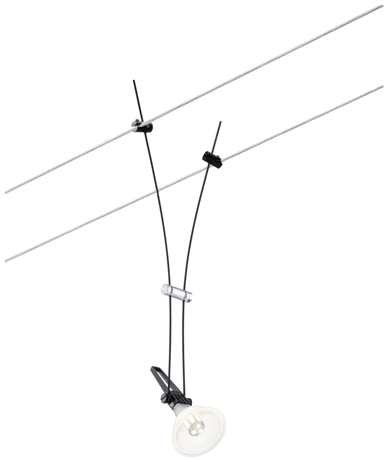 Une lampe de système à câbles moderne avec deux fils et un luminaire réglable. Elle est minimaliste et convient à un éclairage ciblé.