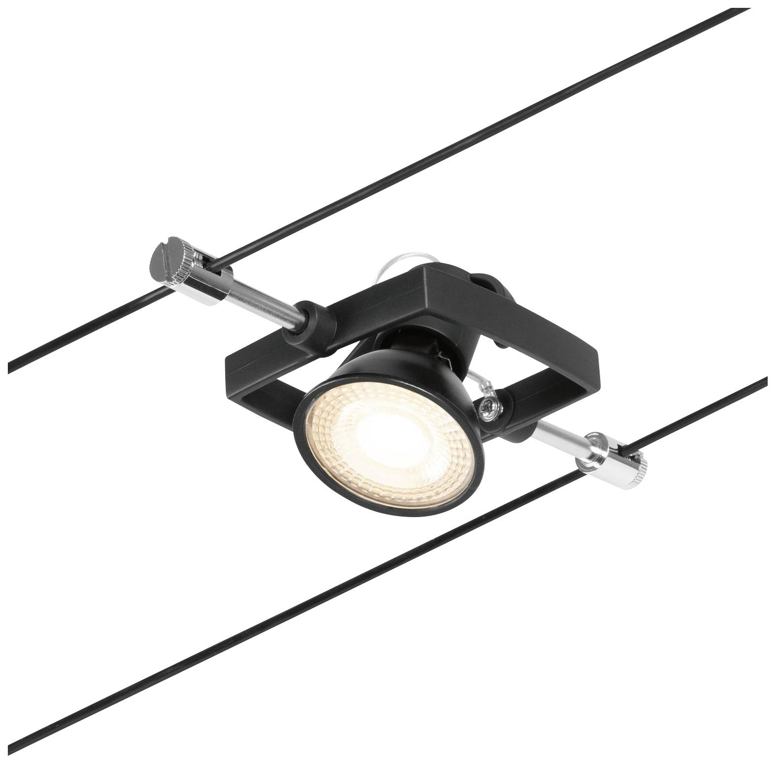 'Projecteur noir monté sur un système de câbles, avec LED à lumière blanche chaude. Adapté pour un éclairage ciblé.'