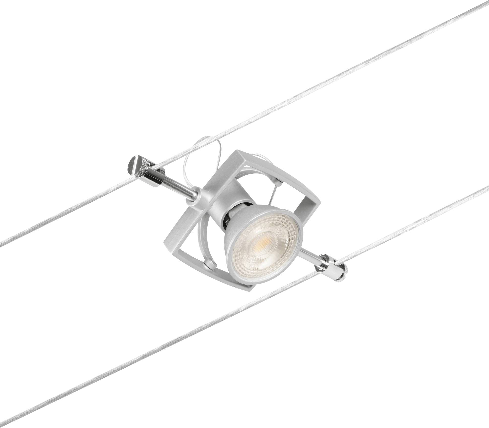 Projecteur de plafond métallisé, moderne, suspendu à deux câbles tendus, adapté pour un éclairage directionnel dans les espaces de vie ou de travail.