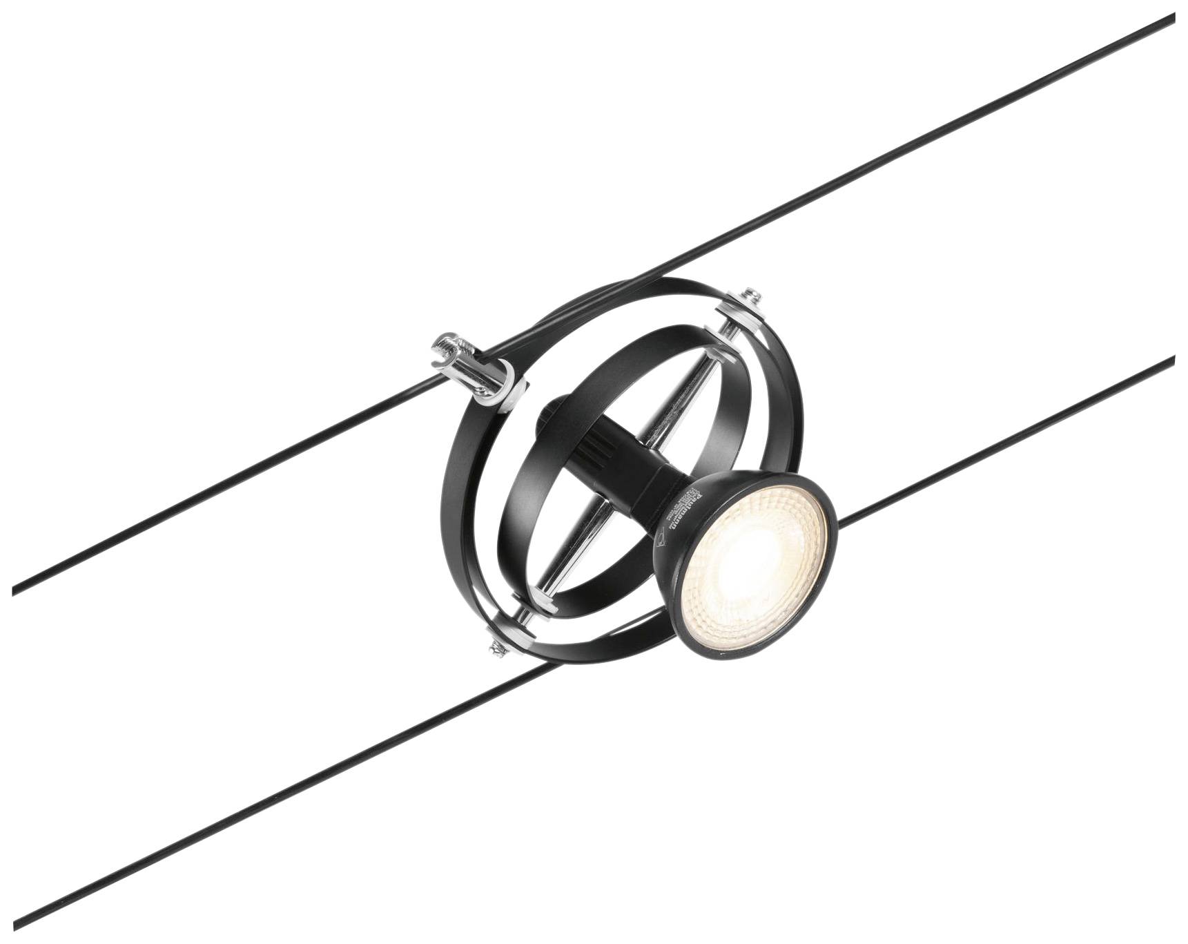 Un luminaire de plafond moderne au design rond et noir diffuse une lumière chaleureuse. Il est suspendu par deux câbles noirs.