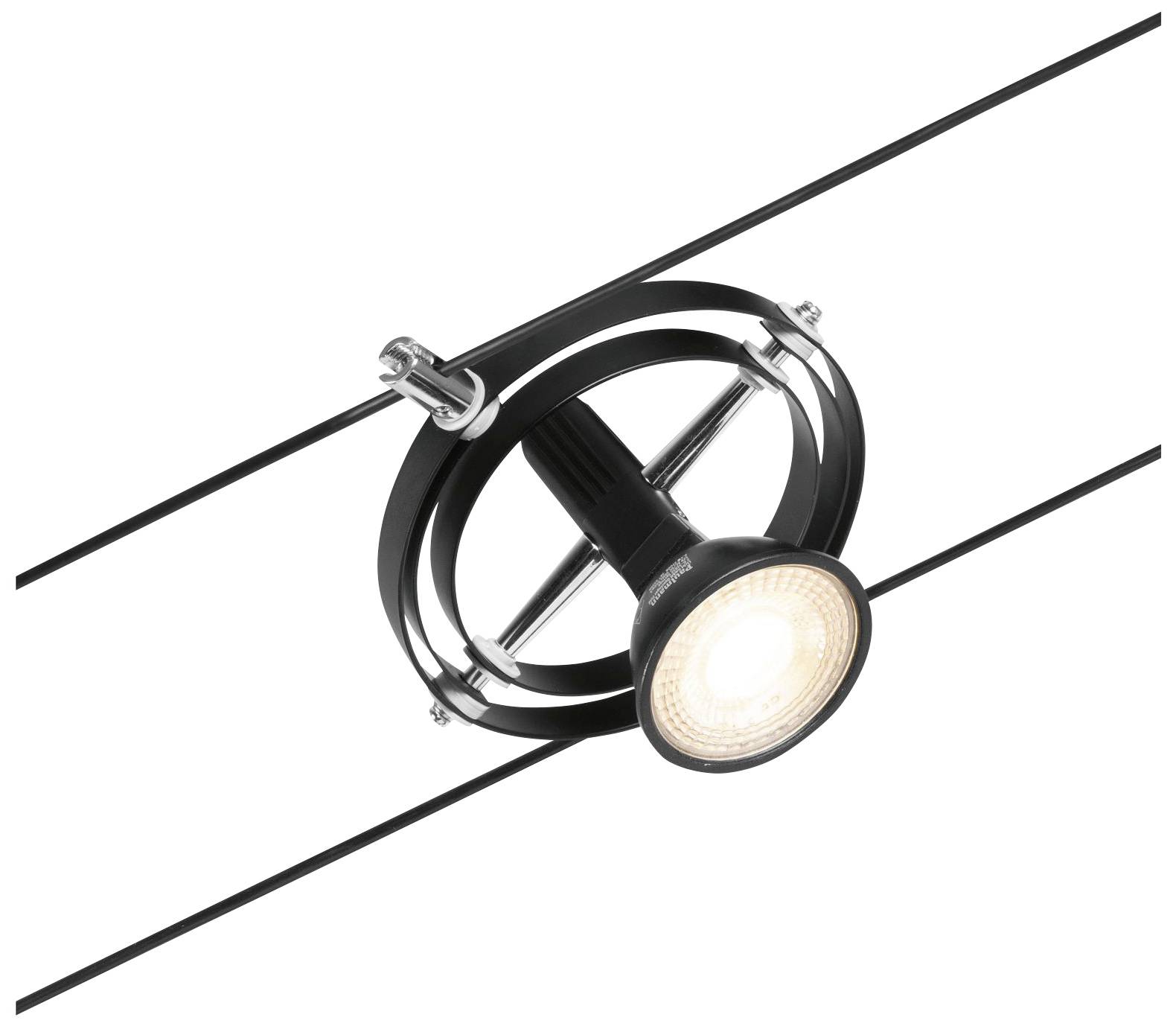 Un élément lumineux circulaire moderne à système de câbles, équipé d'une ampoule GU10, monté entre deux câbles parallèles.