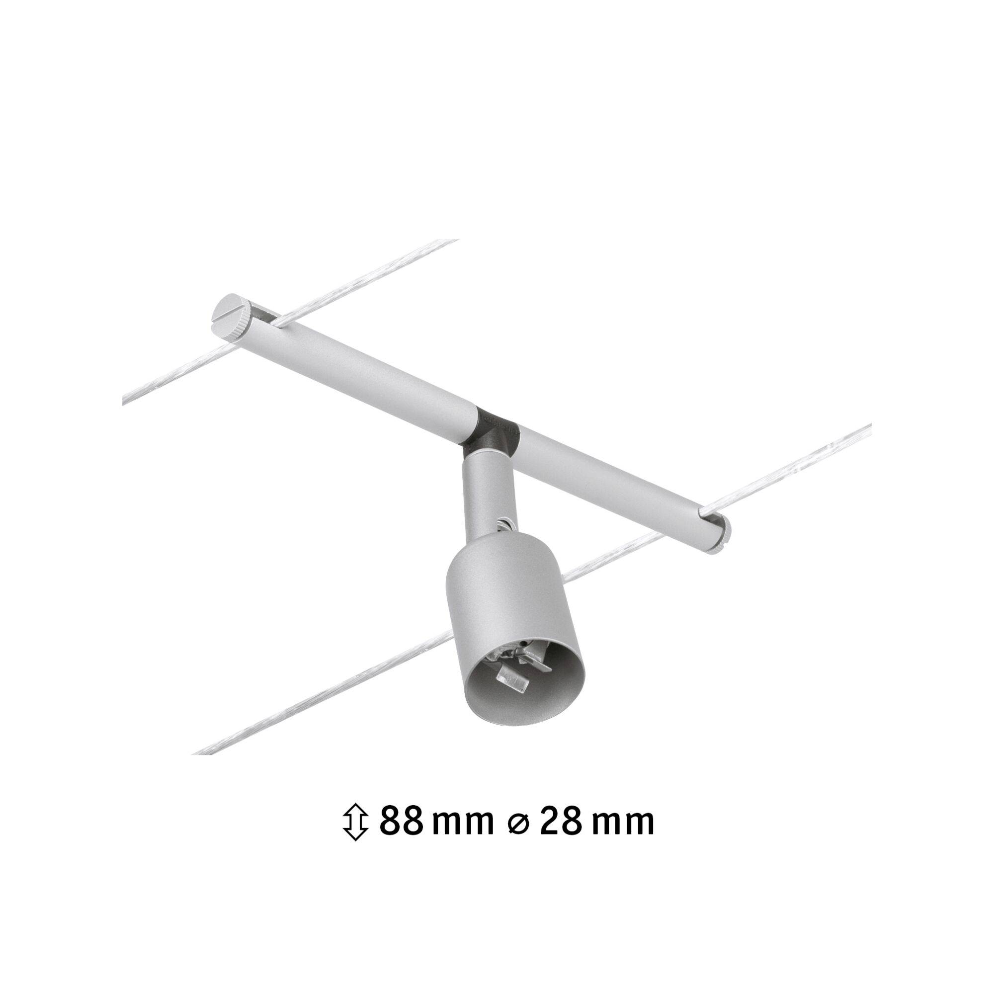 Système de rail lumineux avec un projecteur cylindrique argenté, dimensions : hauteur 88 mm, diamètre 28 mm.