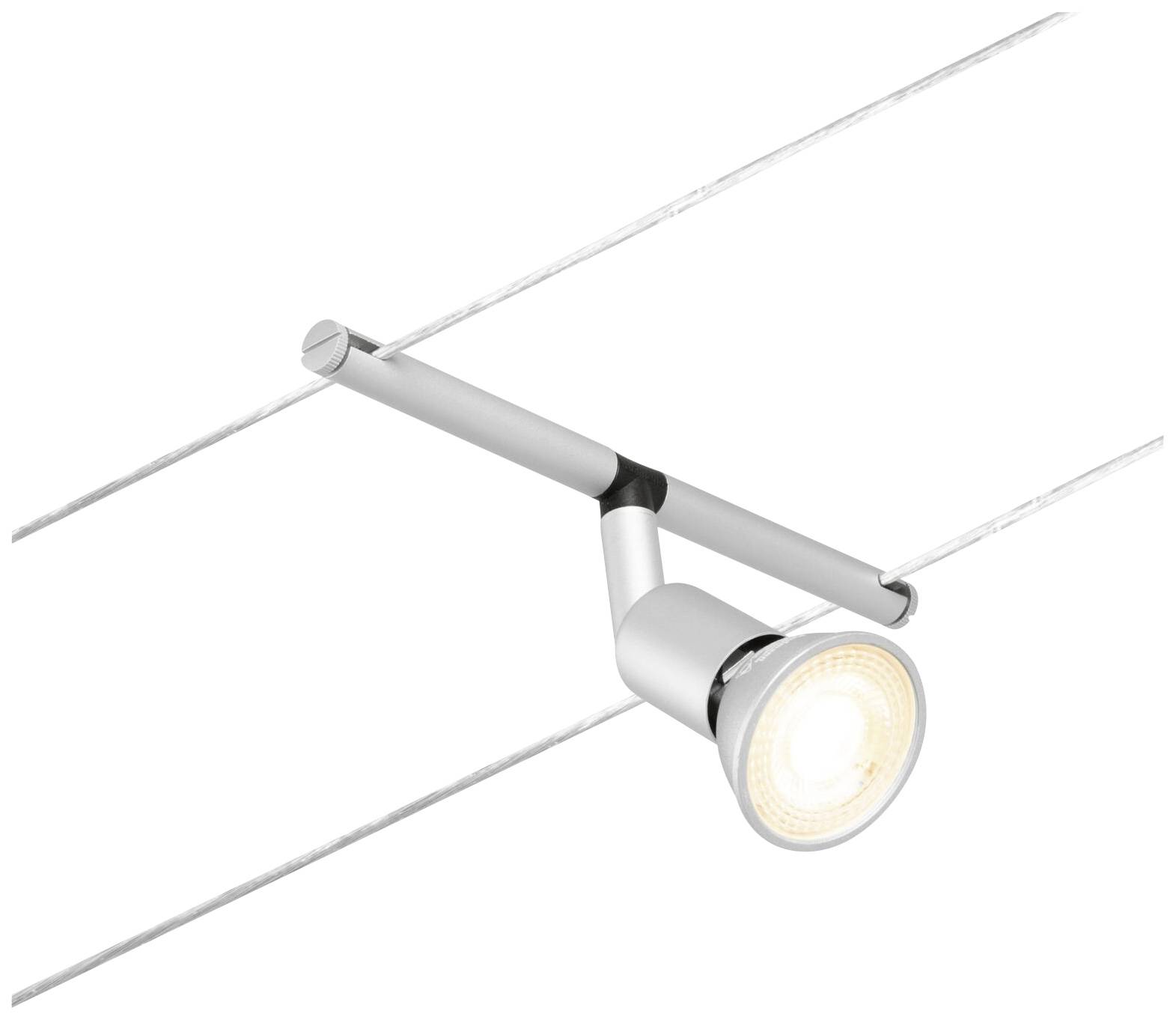 Suspension luminaire argenté sur système de câbles, orientable et éclairant, adapté aux espaces intérieurs contemporains.