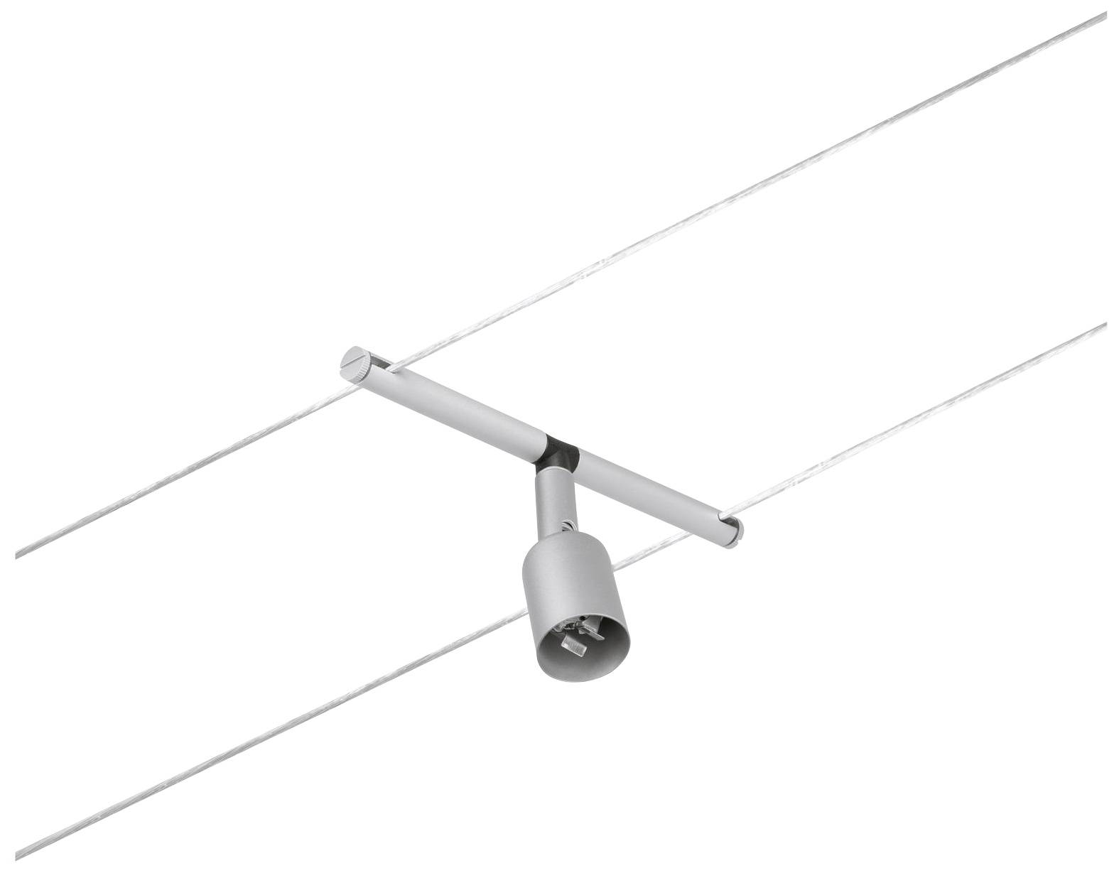 Suspension luminaire argenté pour systèmes de câbles, de forme cylindrique, monté sur deux fils parallèles, adapté à l'éclairage intérieur.