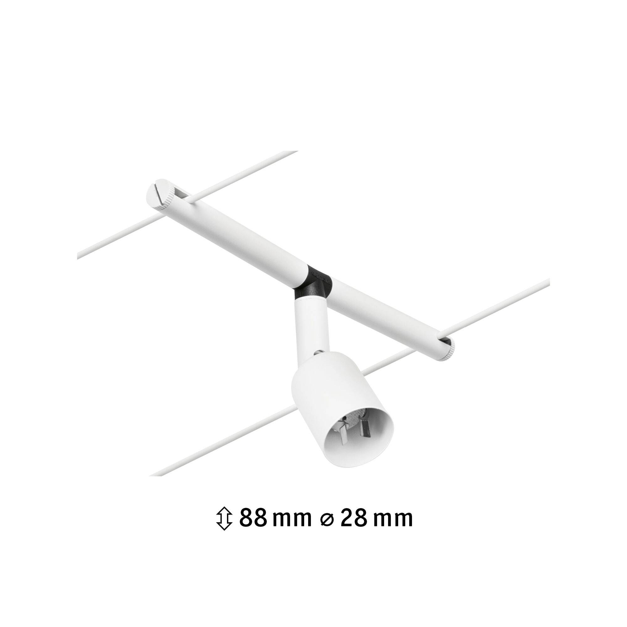 'Projecteur cylindrique blanc, monté sur rail, dimensions : 88 mm de hauteur, 28 mm de diamètre.'