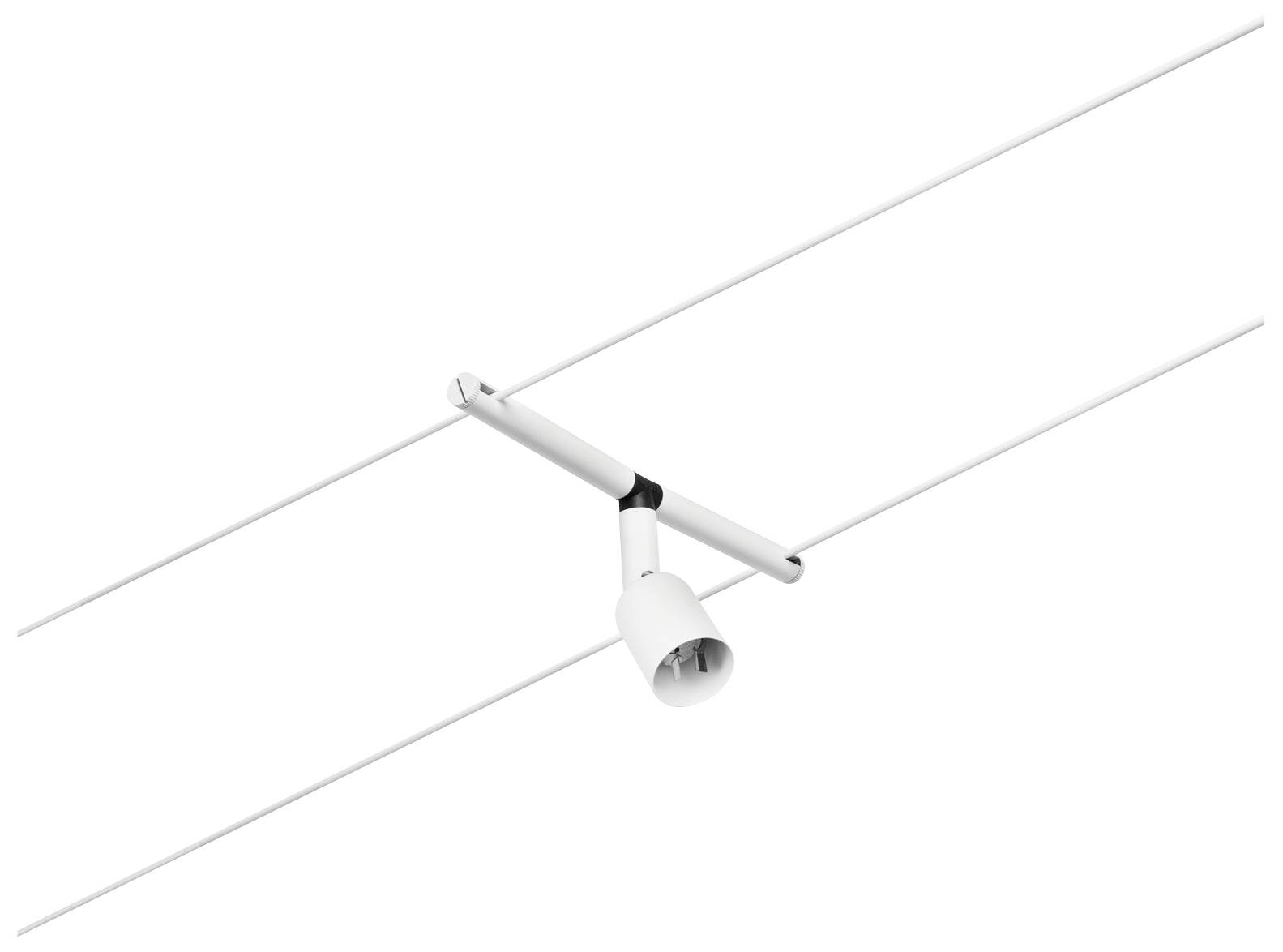 Lampe de plafond blanche cylindrique avec deux longues tiges fines, aux extrémités desquelles la lampe est fixée.