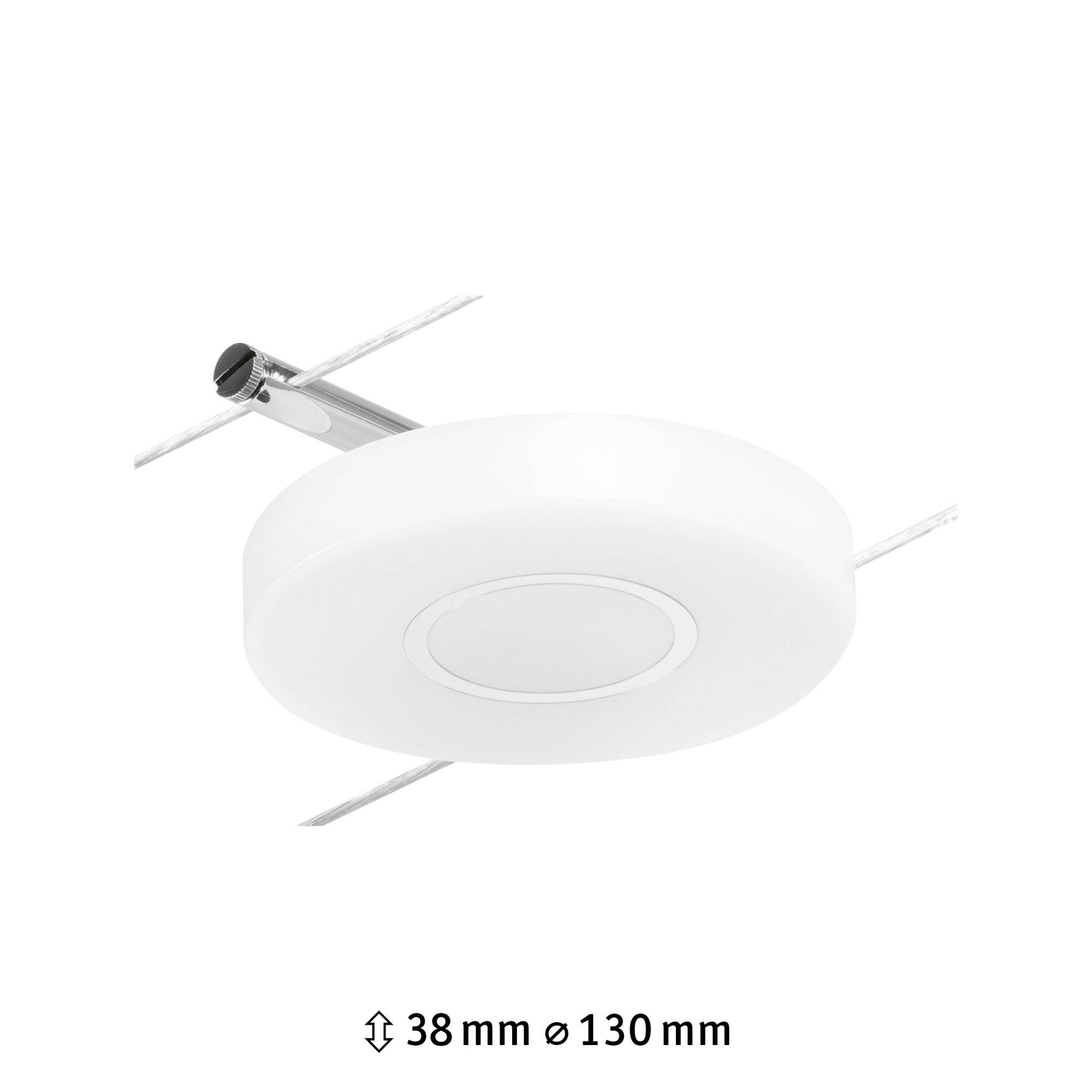 Plafonnier au design rond blanc, avec support de montage, mesurant 38 mm de hauteur et 130 mm de diamètre.
