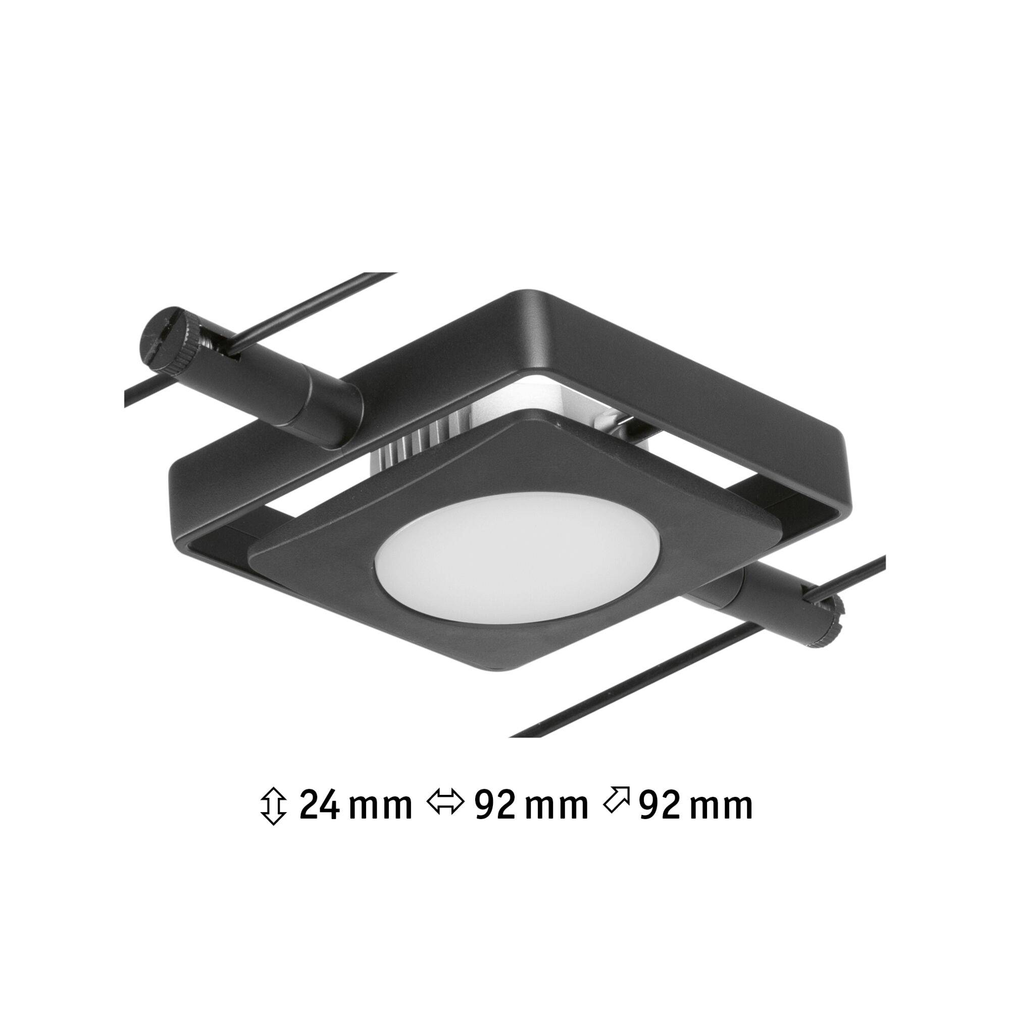 Un spot de plafond LED noir avec un cadre rectangulaire et un élément lumineux rond ; dimensions : 24 mm de hauteur, 92 mm de largeur et de profondeur.