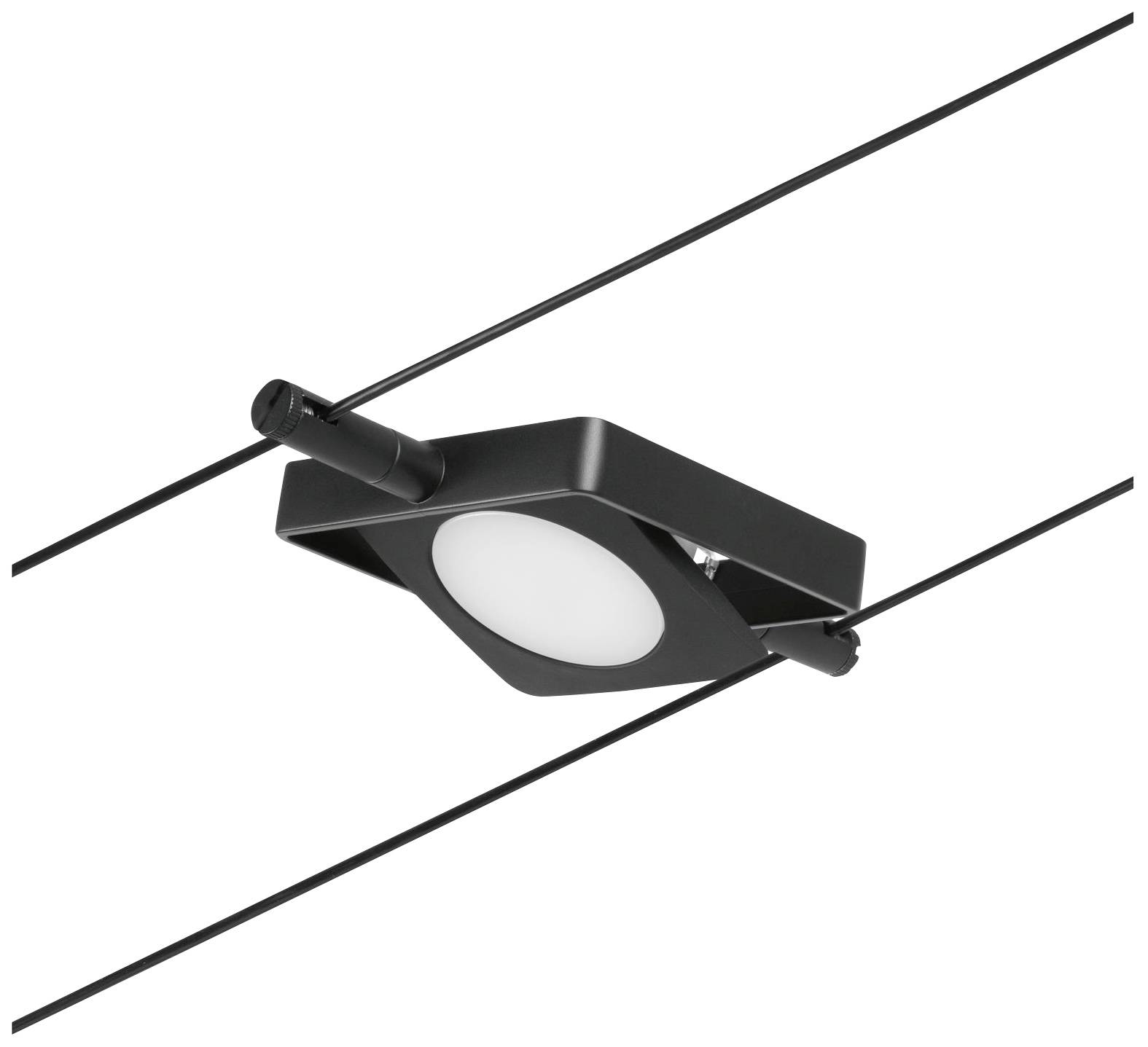 Un luminaire de plafond moderne en noir au design carré, suspendu entre deux câbles. Idéal pour les intérieurs minimalistes.